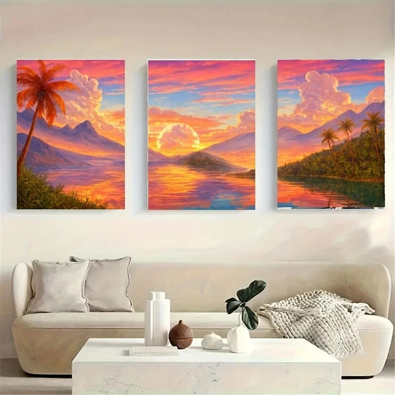 3-Piece Vibrant Sunset Over Calm Lake Metal Wall Art - Ready to Hang, Durable & Waterproof - Perfect for Living Room, Bedroom, or Office Decor
