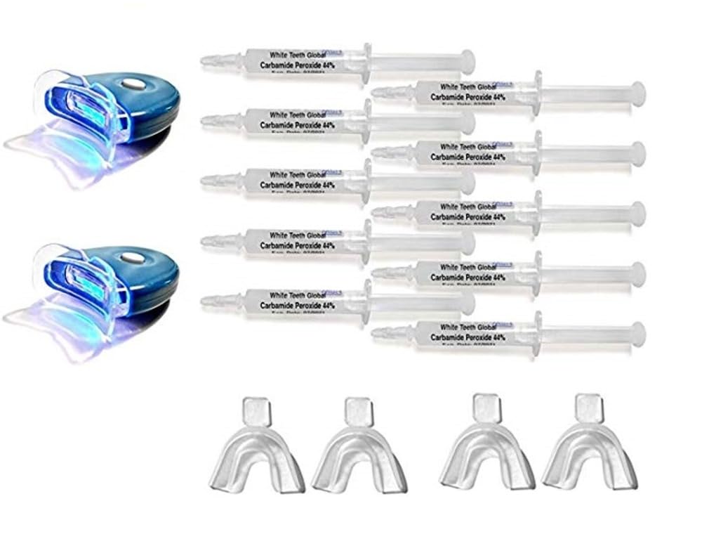 44% Carbamide Peroxide Teeth Whitening Kit with 10-3cc Syringes, LED Accelerator Light, 4 Mouth Trays & Shade Guide - Professional At-Home Teeth Whitening Solution for Brighter Smile - Perfect for Special Occasions, Job Interviews and Confidence Boosting