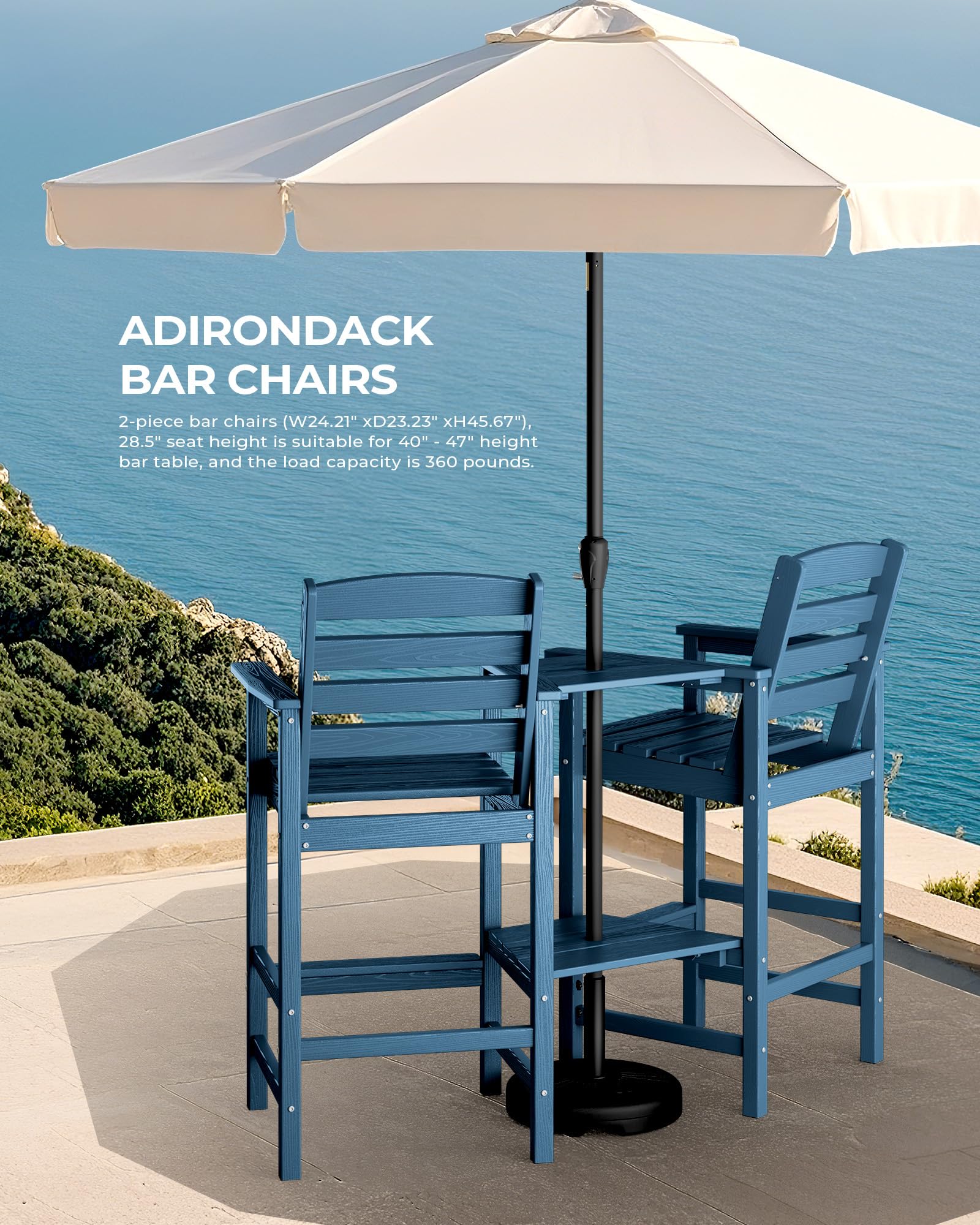 SERWALL 2-Piece Blue Tall Adirondack Chair Set with Connecting Table - Outdoor Patio Furniture for Garden, Poolside, and Backyard Relaxation