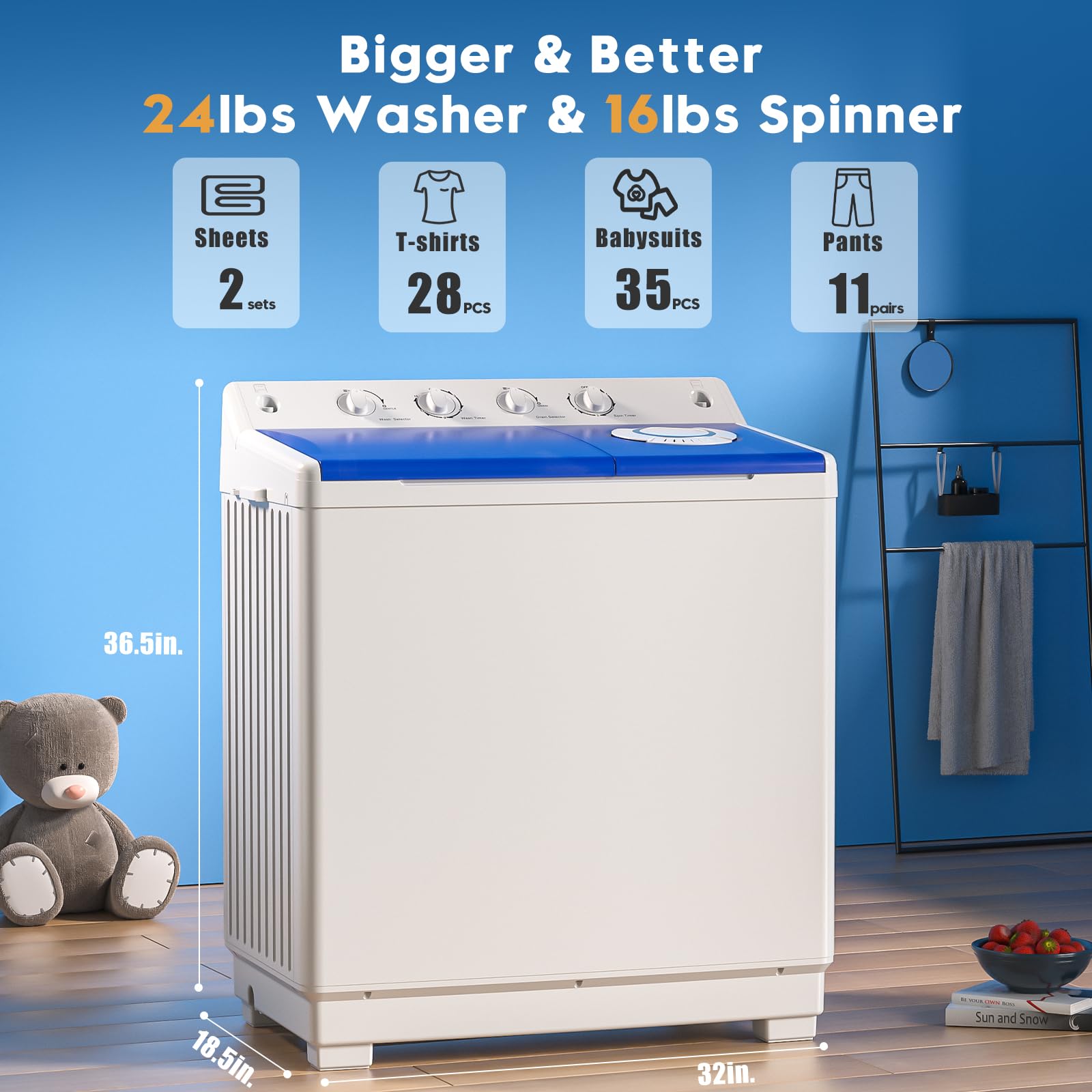 Auertech 40lbs Portable Twin Tub Washing Machine with Drain Pump - Compact Semi-Automatic Washer (24lbs) and Spinner (16lbs) Combo for Small Spaces - Perfect for Dorms, Apartments, RVs, Camping & Off-Grid Living