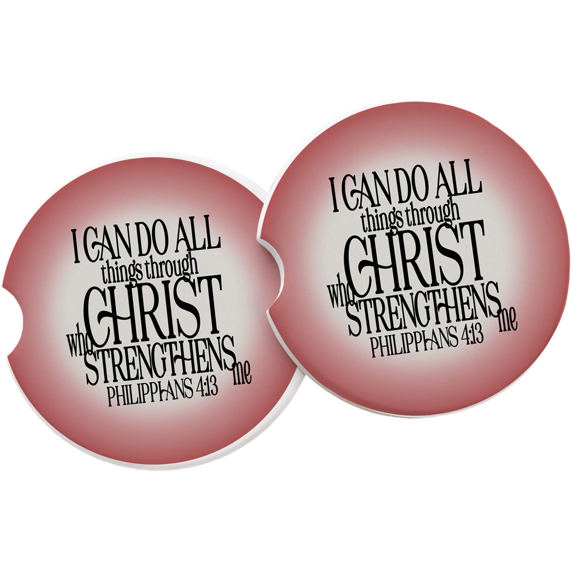 Philippians 4:13 Christian Bible Verse Car Coaster Set of 2 - 'I Can Do All Things Through Christ' Inspirational Quote on Pink & Cream Sandstone Absorbent Cup Holder Coasters for Home, Office & Auto Use