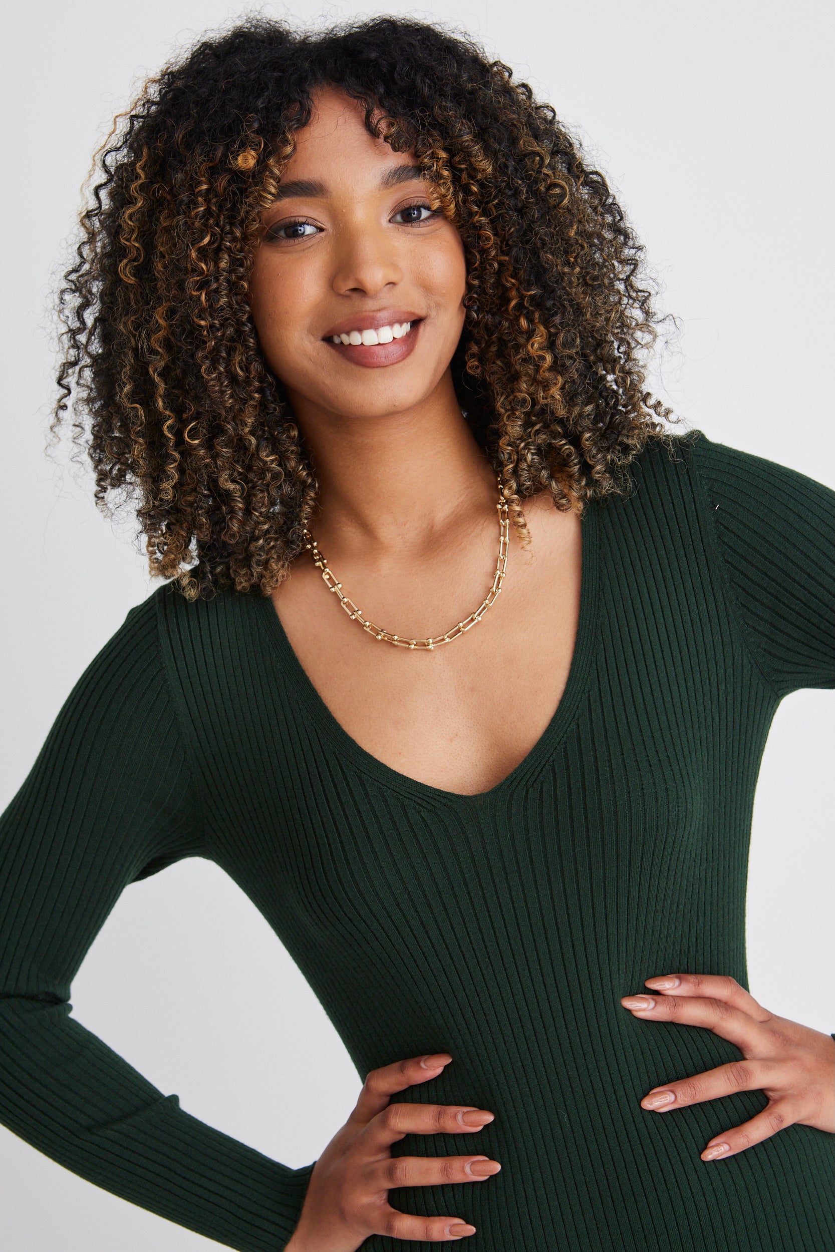 Skillful Forest Rib Knit Long Sleeve V-Neck Midi Dress - Elegant Fall & Winter Office Wear for Women