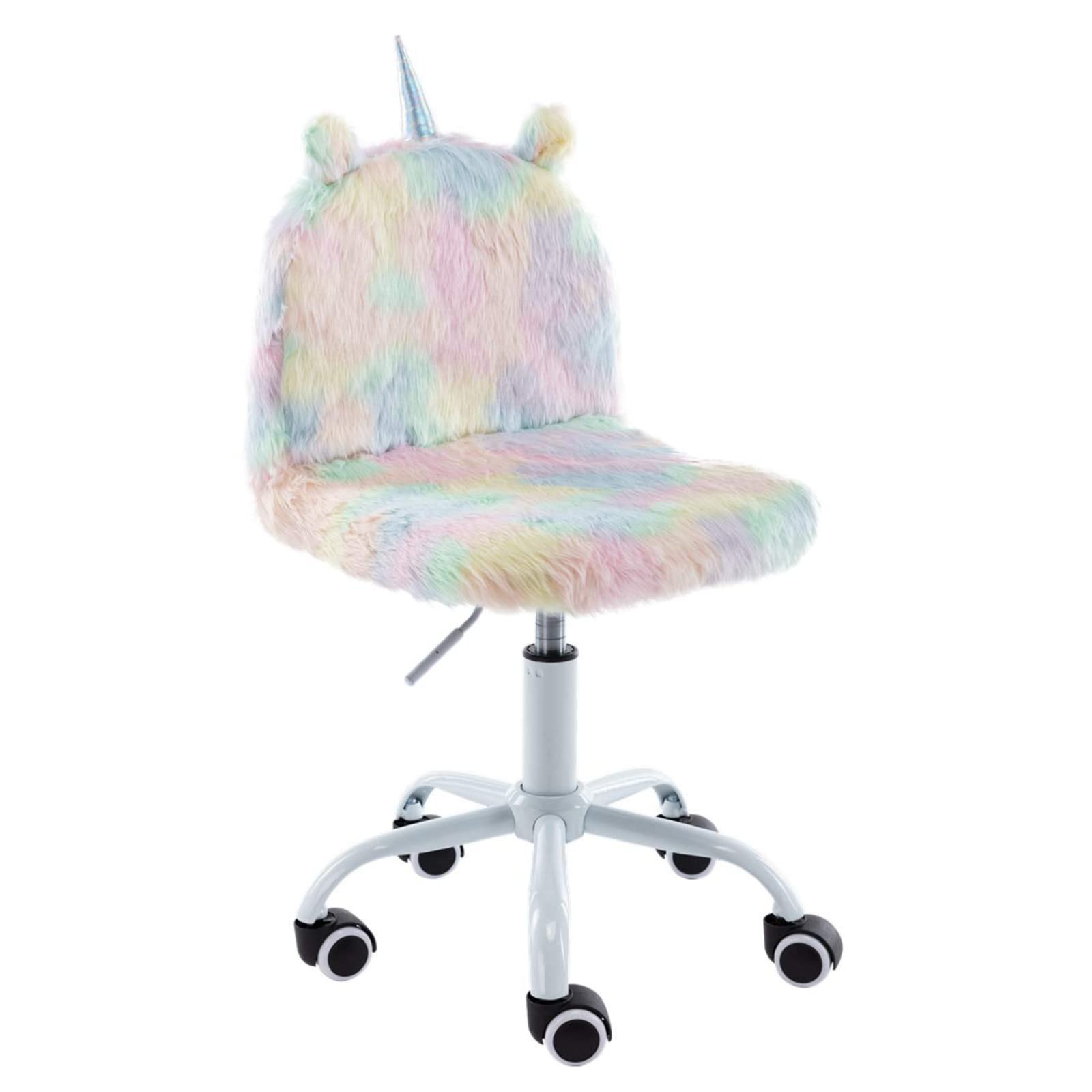 Cute Furry Rolling Swivel Desk Chair for Kids Girls - Animal Print Computer Chair for Children's Bedroom & Study Room (White Base with Colorful Fur) - Perfect for Online Learning, Gaming & Homework Station