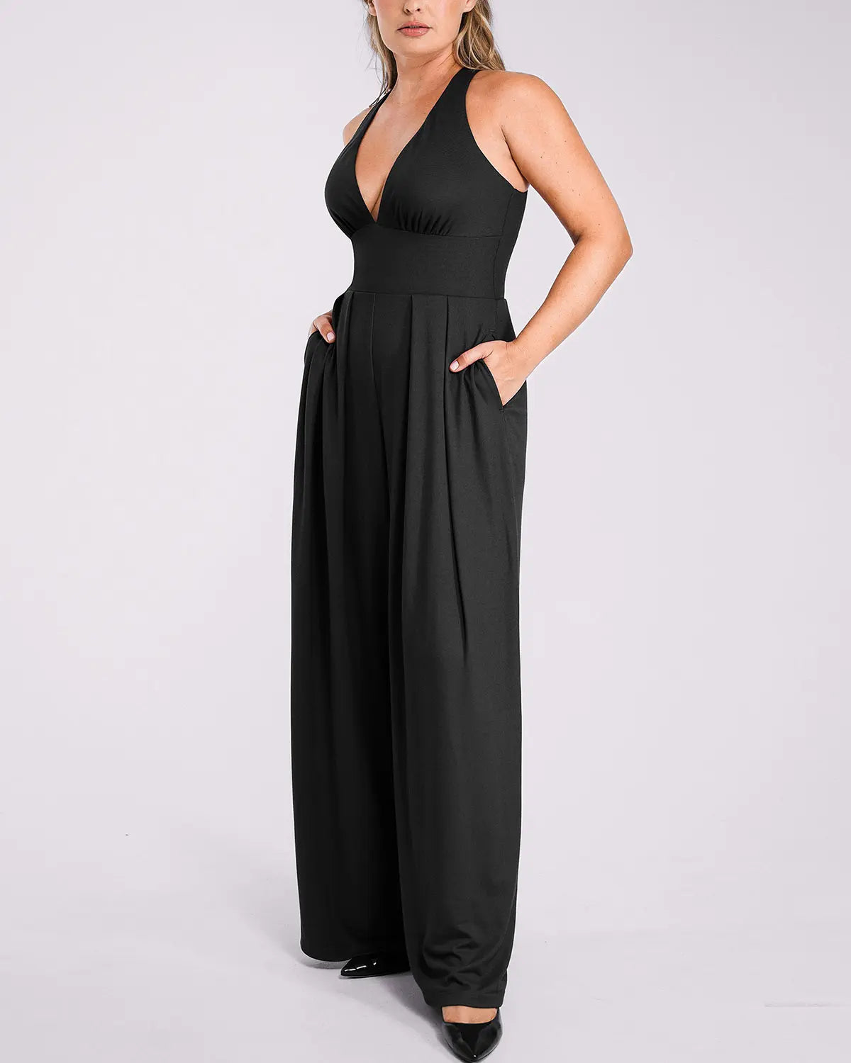 Deep V Neck Slimming Jumpsuit for Women - Tummy Control Bodysuit with Built-in Shapewear - Perfect for Parties, Date Nights & Special Occasions