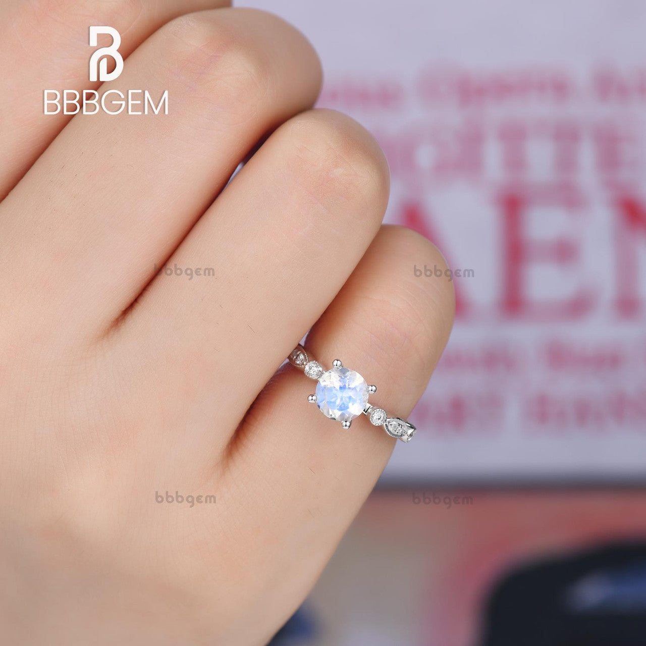 Antique Moonstone Engagement Ring 14k White Gold Marquise Milgrain Band - Vintage Style Wedding Ring for Women, Perfect for Proposals, Anniversaries & Special Occasions