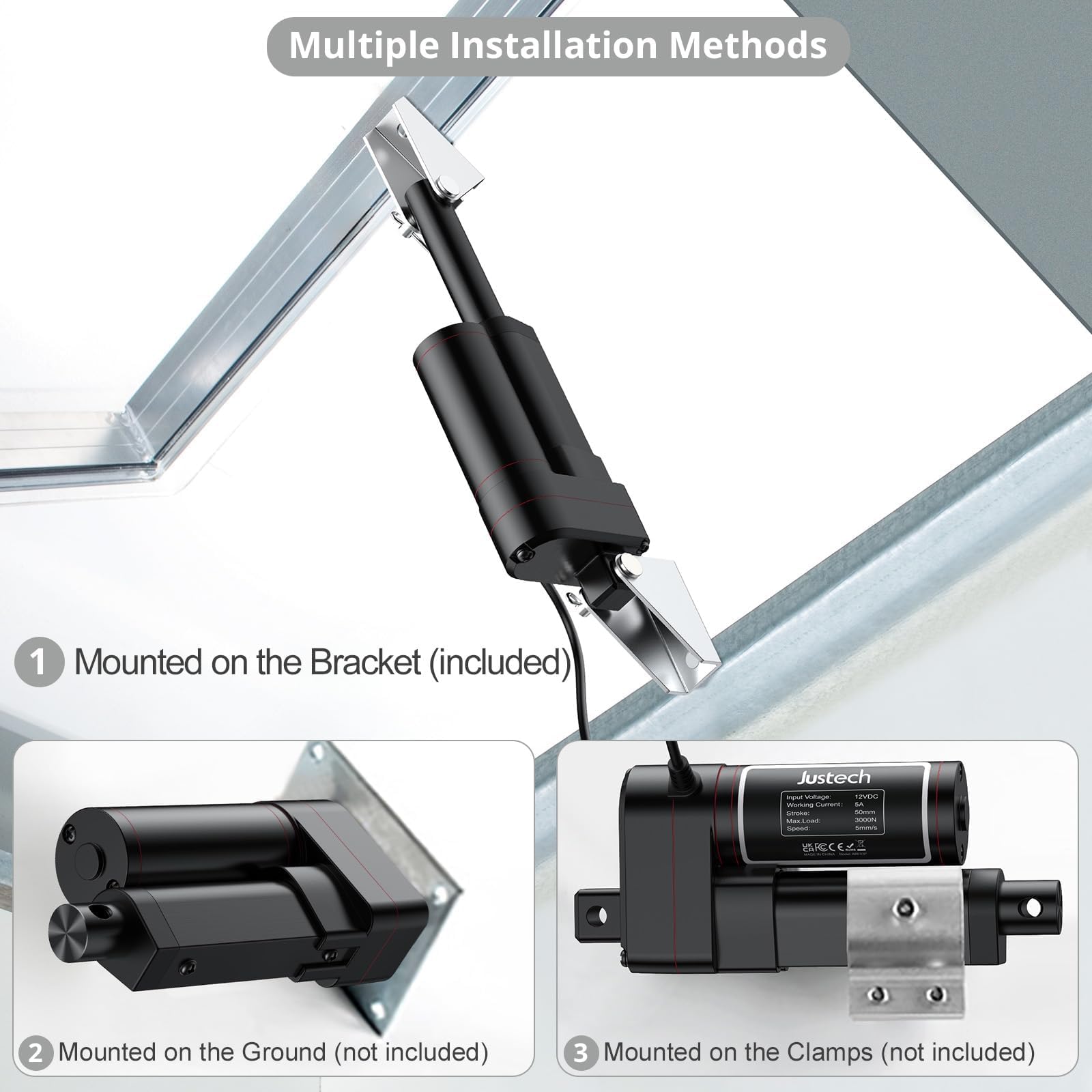Justech 50mm 2inch Heavy Duty Linear Actuator Motor, 3000N 660LBS Stroke, 12V DC Linear Motion Actuator for Electric Beds, Sofa Recliners, Industrial Lifting Systems - Black (3000N 50mm) | Perfect for Home Automation, Medical Equipment & DIY Projects