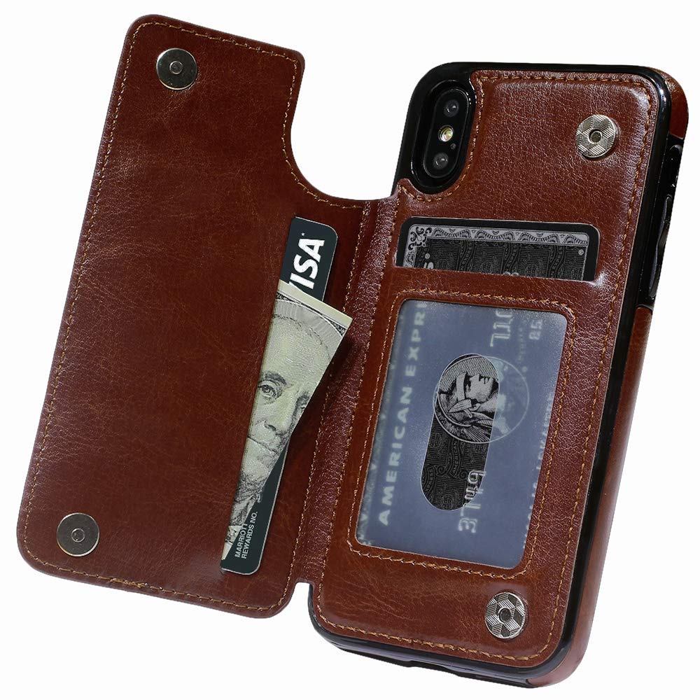 Premium Leather Wallet Case for iPhone X/XS - Card Holder & Protective Cover with RFID Blocking (5.8 Inch, Brown) | Perfect for Business Travel, Daily Commute & Hands-Free Shopping