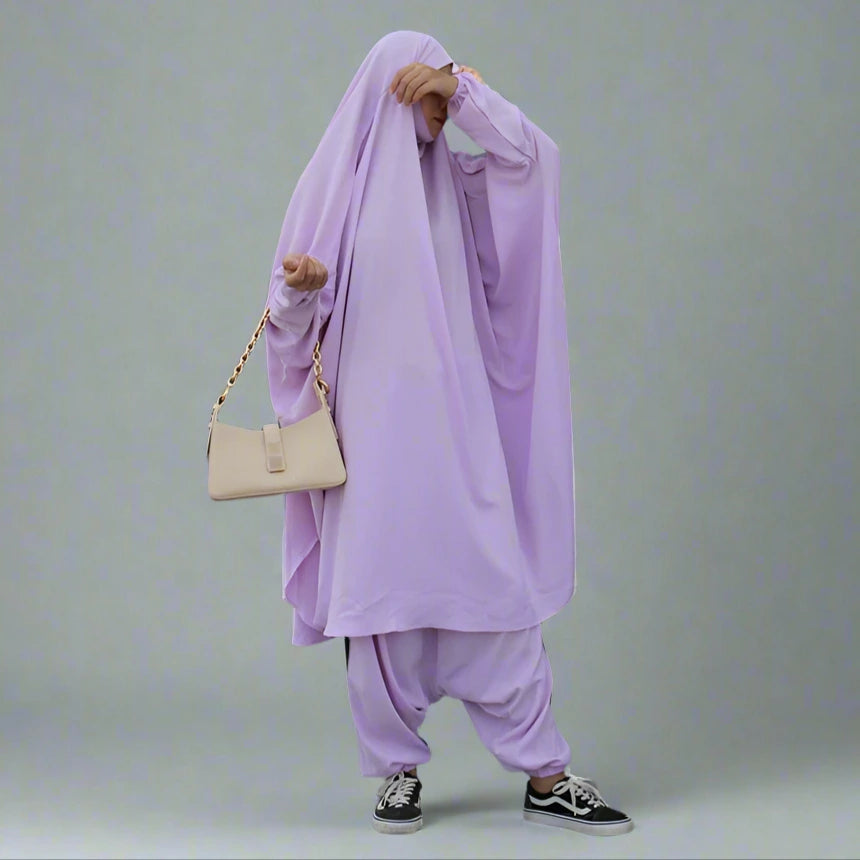 Modest Muslim Women's Jilbab Set with Matching Tops, Robe & Pants - Islamic Prayer Outfit for Home & Mosque Wear