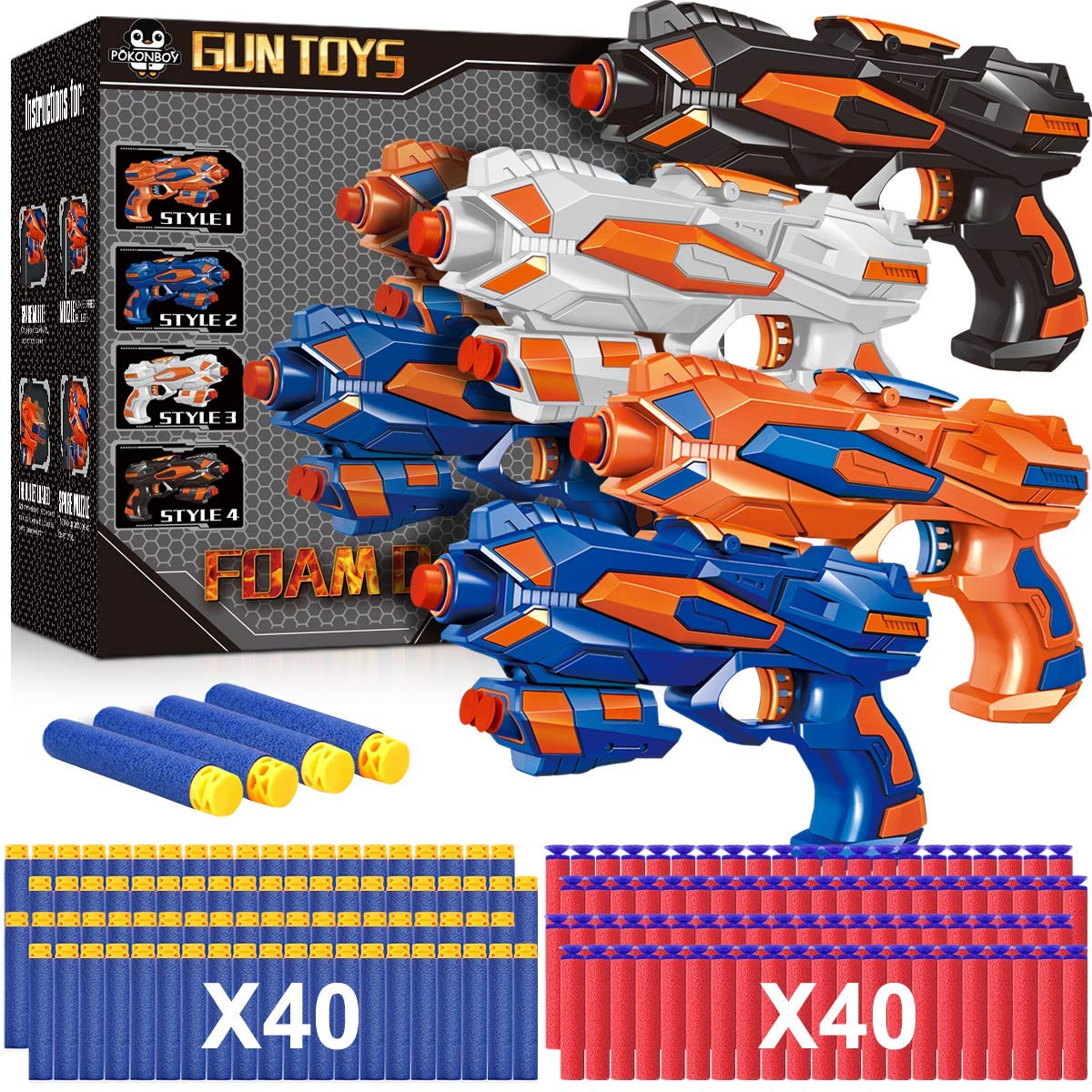 POKONBOY 4 Pack Blaster Guns - Compatible with Nerf Guns & Bullets, Foam Dart Toy Guns for Boys & Girls Ages 6+ (Includes 80 Refill Darts) - Perfect for Birthday, Christmas Gifts & Outdoor Nerf Battles