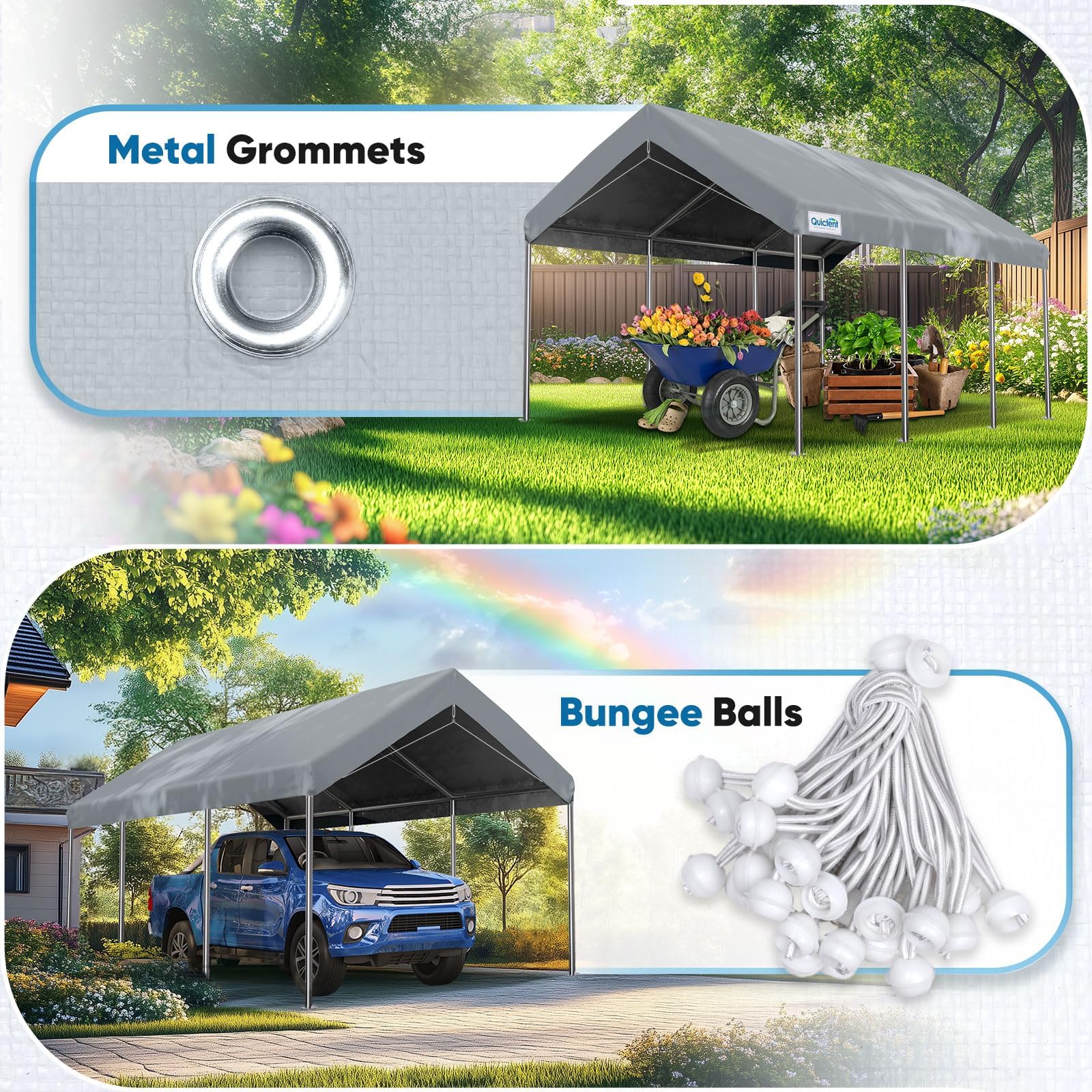 ADVANCE OUTDOOR 10x20 ft Replacement Top Cover Tarp for Carport Canopy with Ball Bungees - Gray Waterproof Roof Cover - Perfect for Outdoor Storage, Vehicle Shelter & Backyard Protection