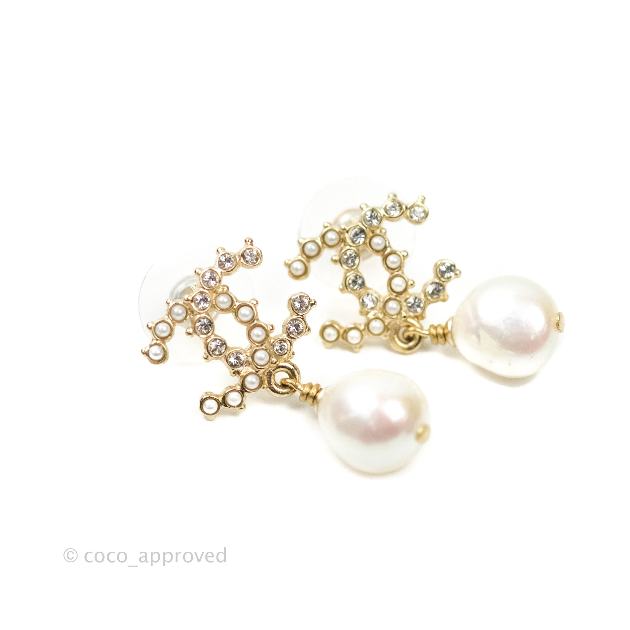 Chanel CC Pearl Drop Earrings with Crystal Accents in Gold Tone - Elegant Jewelry for Women | Perfect for Parties, Weddings & Special Occasions
