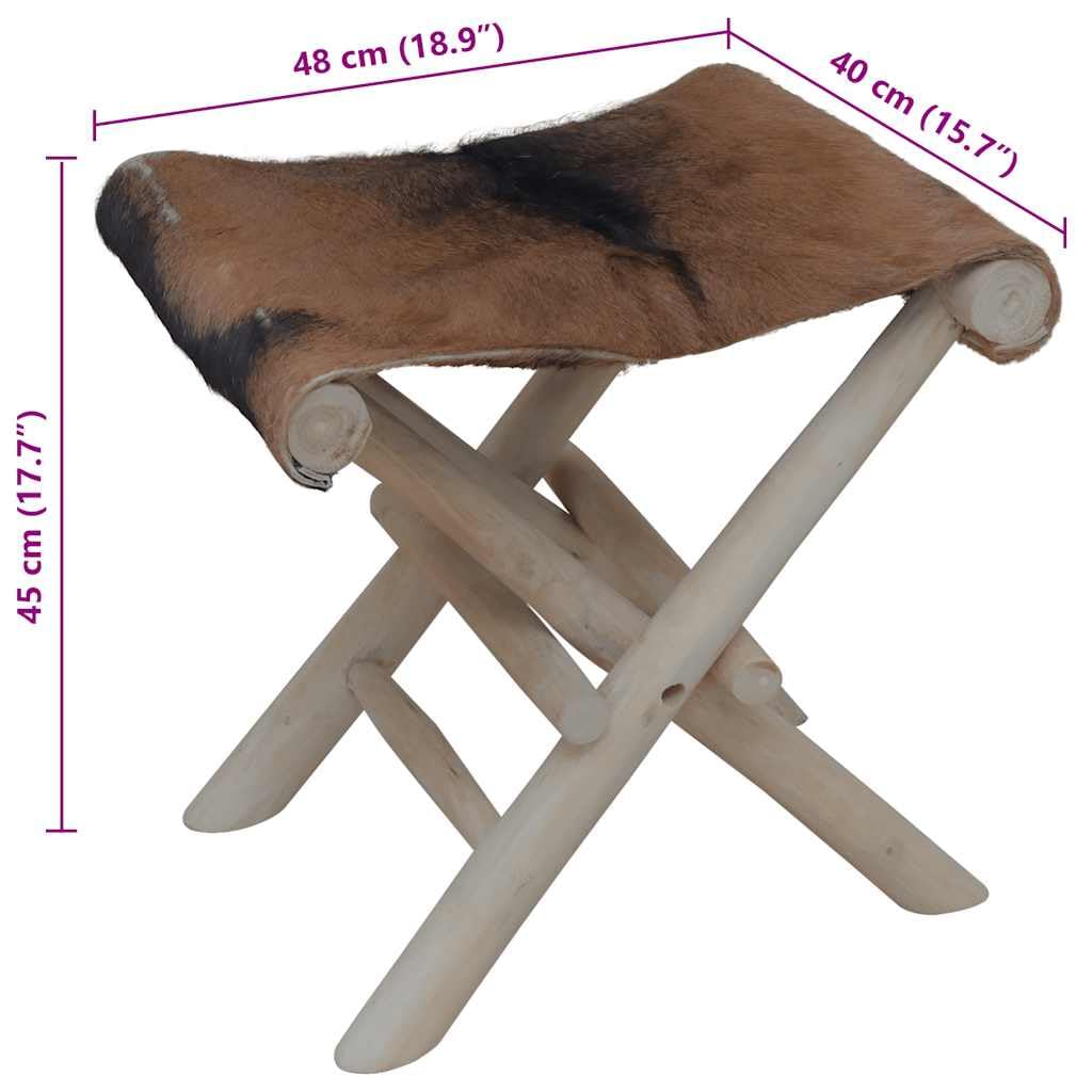 Premium Folding Stool with Genuine Goat Leather & Solid Teak Wood Frame - Rustic Modern Compact Chair for Home, Office, Camping & Outdoor Use