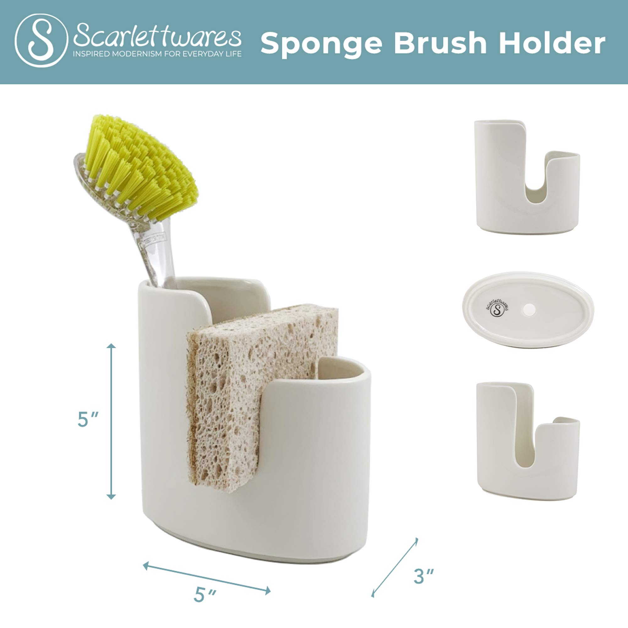 Modern White Ceramic Kitchen Sink Caddy - Sponge & Scrub Brush Holder for Farmhouse Style