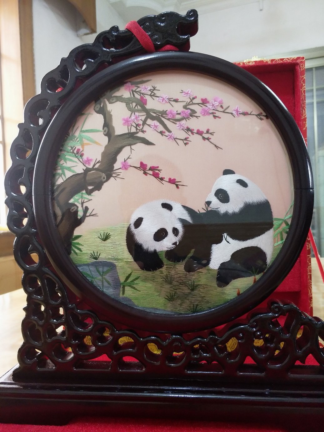 WEALTHCOMING Double-Sided Silk Embroidery Art - Panda Painting Circle Design for Home & Office Decor | Elegant Wall Hanging for Living Room, Bedroom, or Gift