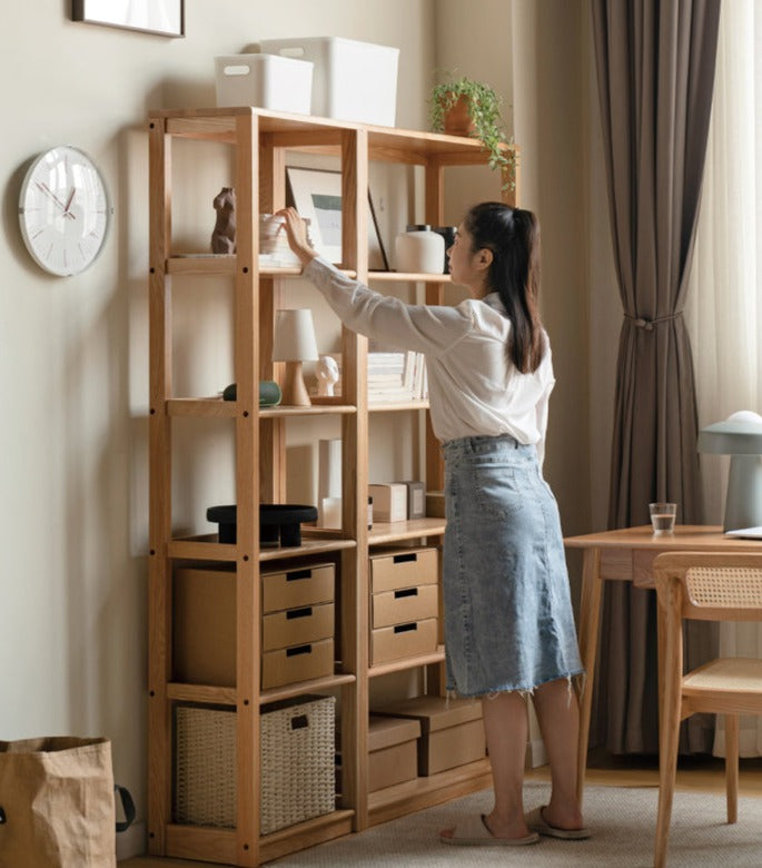 Solid Oak Wood 5-Tier Bookshelf - Sturdy Multi-Layer Bookcase for Home Office, Living Room & Library Storage