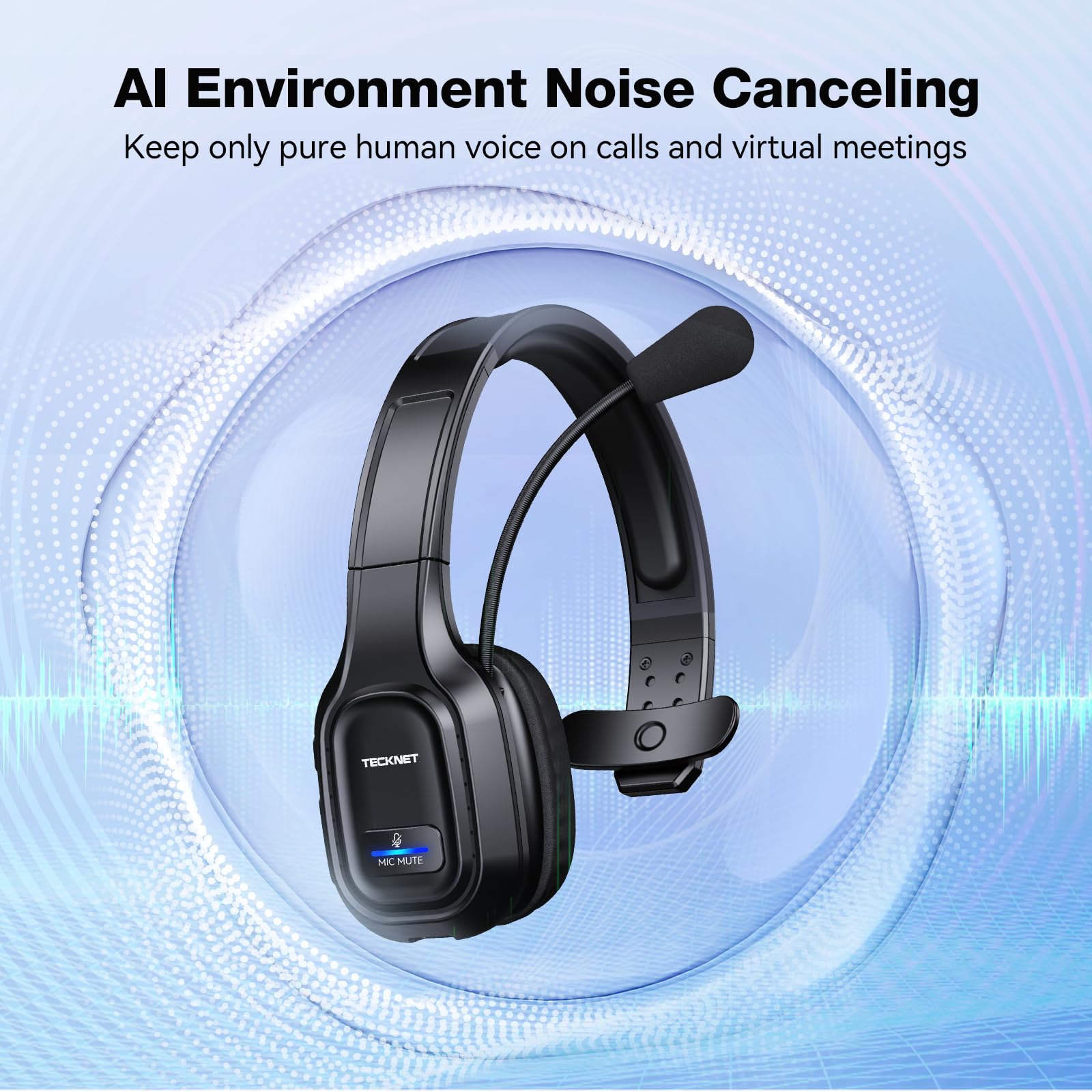 TECKNET Trucker Bluetooth Headphones with Microphone | Wireless Noise Canceling On-Ear Headset | Hands-Free for Cell Phone, Computer, Office & Home | Ideal for Call Centers, Skype Calls & Long-Distance Driving