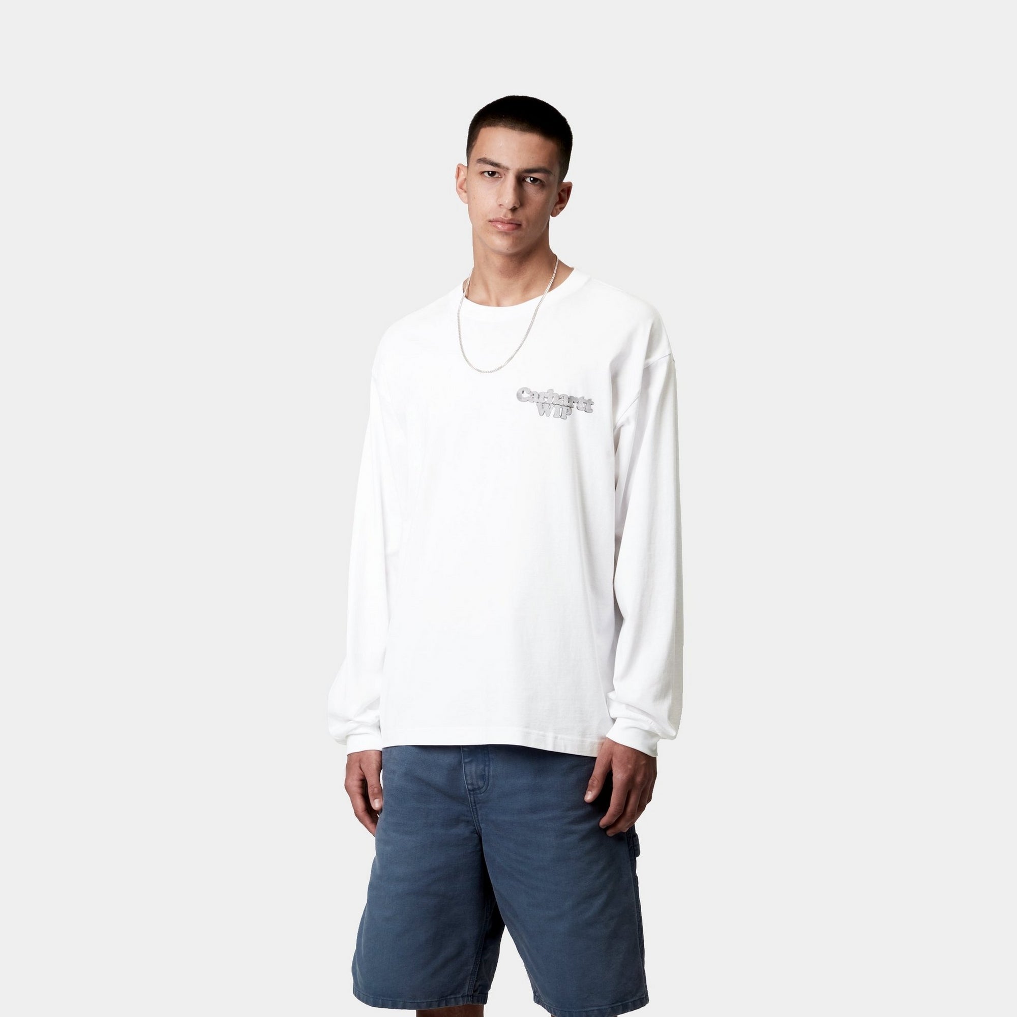 Chain Link Long Sleeve T-Shirt for Men & Women | White & Silver Metallic Graphic Tee | Casual Streetwear, Layering Essential, Fall Winter Fashion
