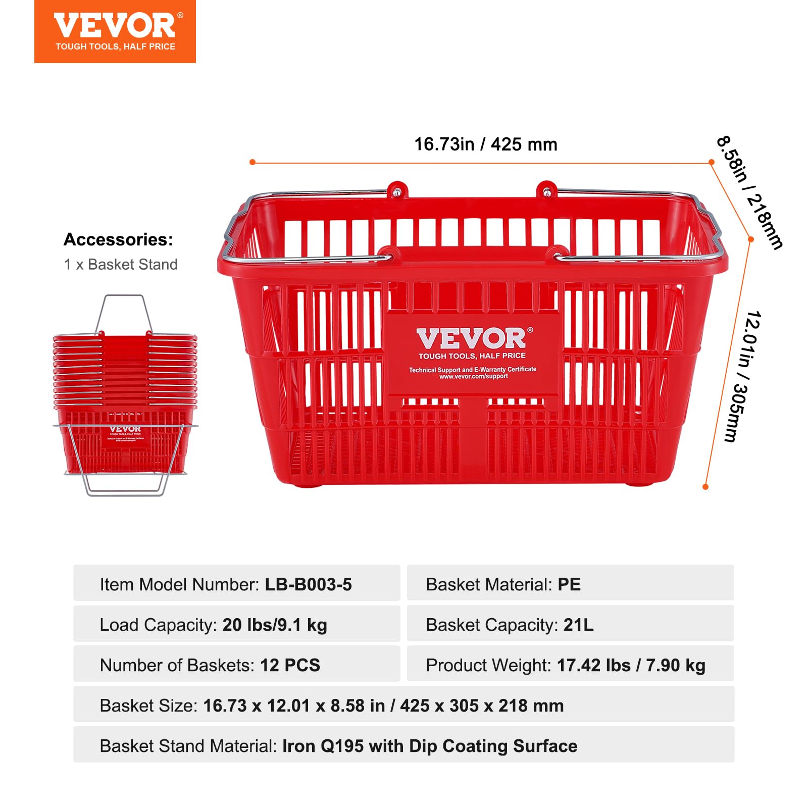 VEVOR 12-Pack Durable Plastic Shopping Baskets with Metal Handle & Stand, 21L Capacity (16.73