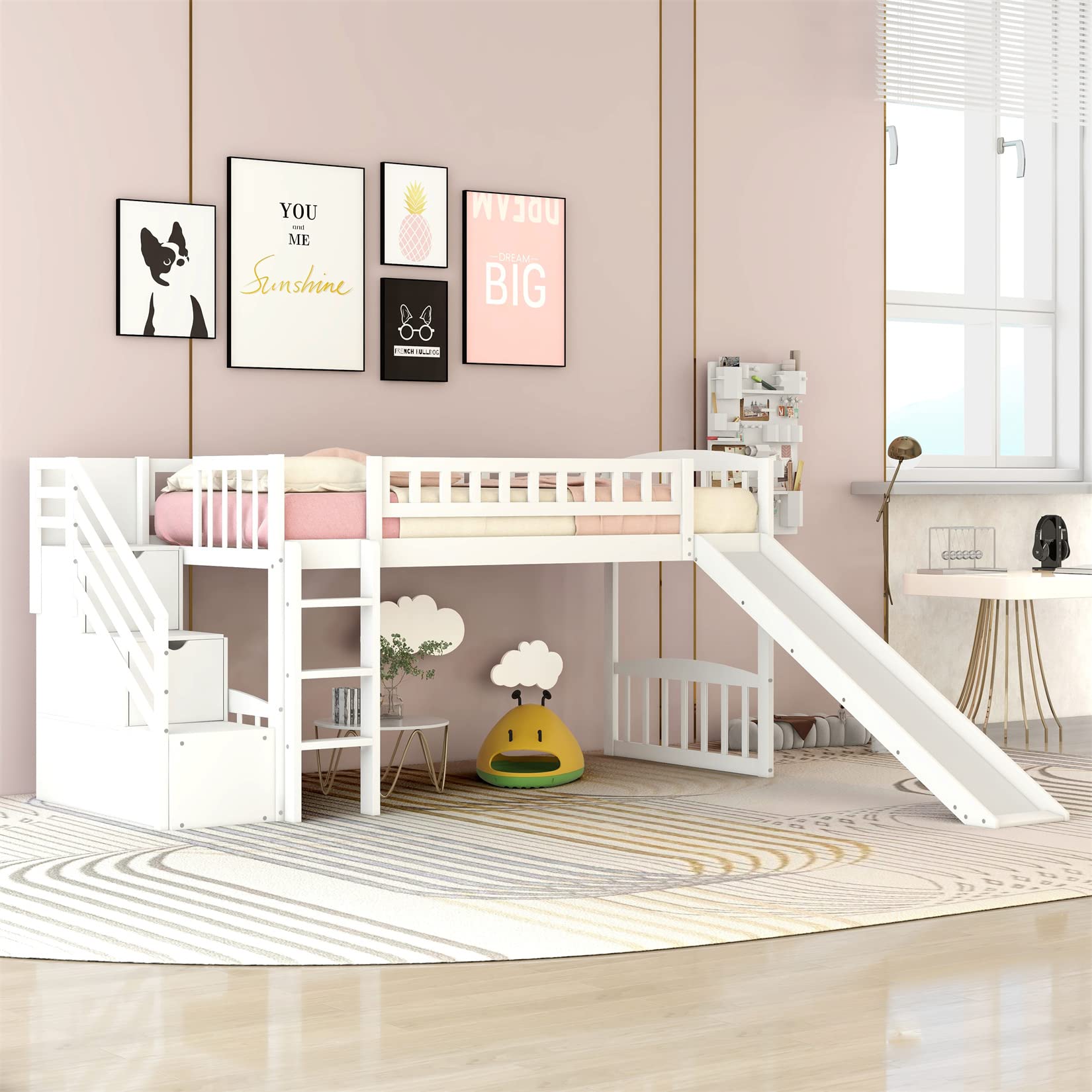 **Twin Size Wooden Loft Bed with Slide & Stairs - Kids Bed Frame with Storage for Boys & Girls, White - Perfect for Small Bedrooms & Playrooms**