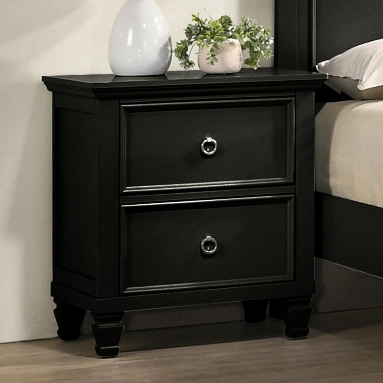 Tamarack Wood 2-Drawer Nightstand - Classic Black Bedside Table with Storage for Bedroom, Living Room & Office Furniture