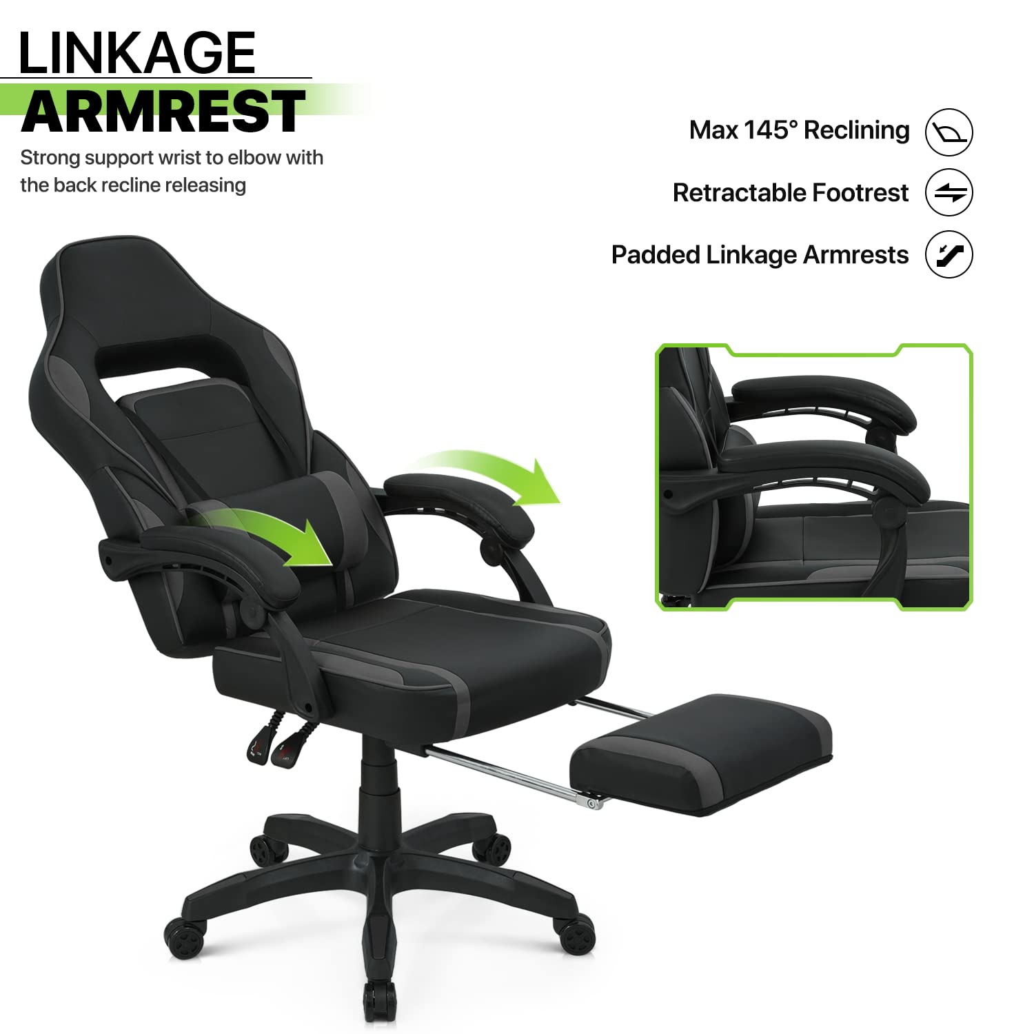 Premium Racing Style Gaming Chair - Ergonomic Adjustable Recliner with Lumbar Support & Retractable Footrest, 360° Swivel PU Leather Computer Chair for Home Office - Perfect for Esports, Streaming & Long Gaming Sessions (Grey)
