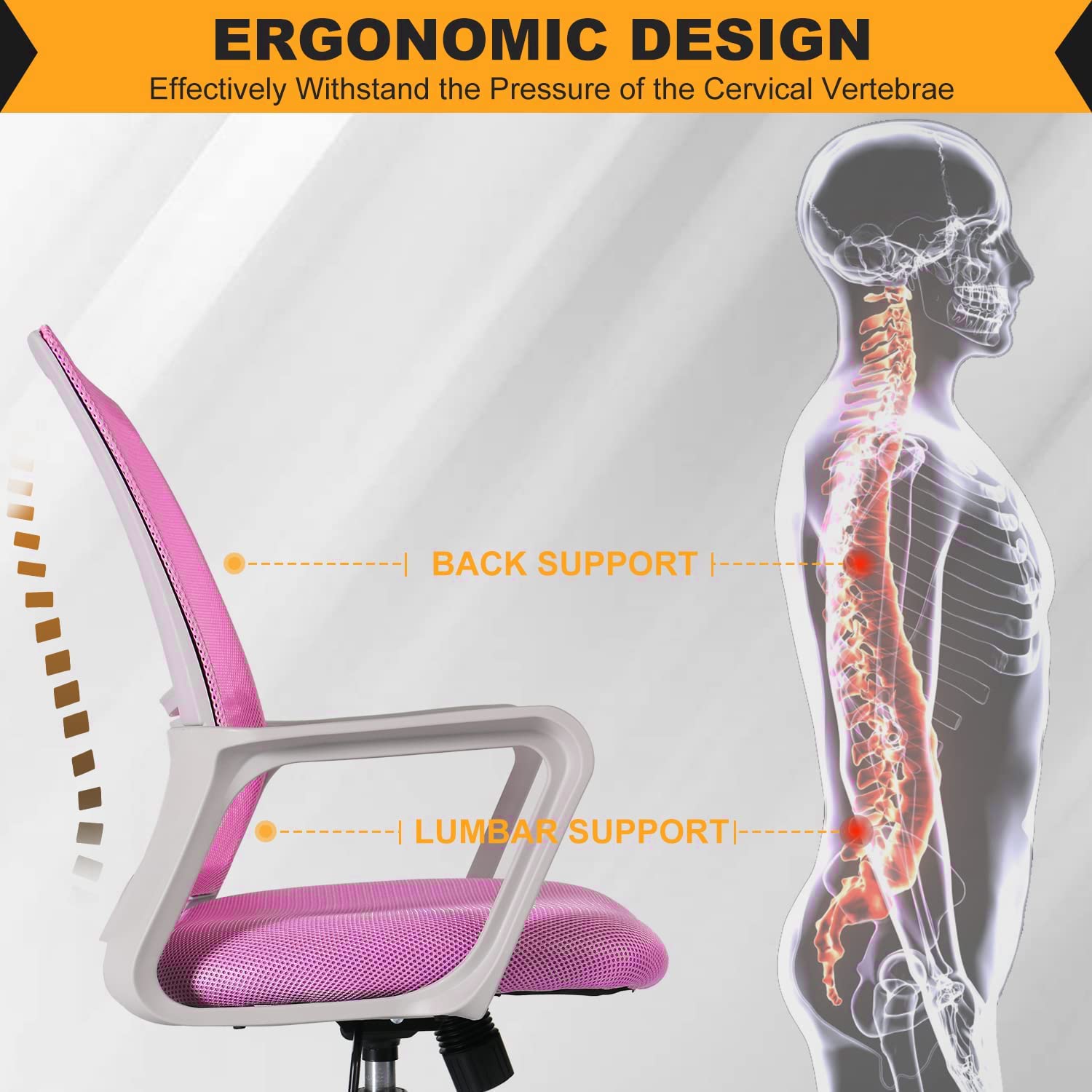 Ergonomic Mesh Office Chair with Adjustable Mid Back - Pink Swivel Rolling Computer Task Chair for Home Office, Gaming & Workspace Comfort