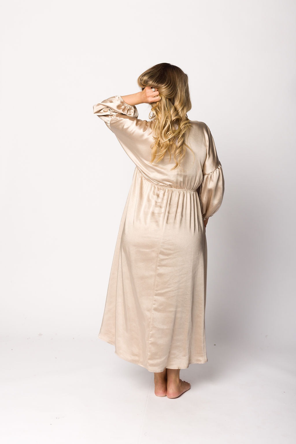 Hunter Premium Satin Midi Dress in Champagne - Bump Friendly Maternity Dress for Special Occasions & Weddings