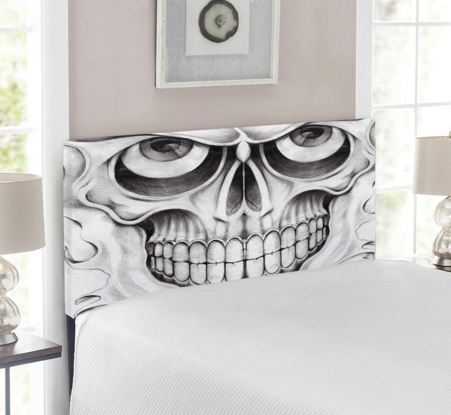 Ambesonne Day of The Dead Headboard - Scary Skull Face with Angry Expression Art Image, Upholstered Decorative Metal Bed Frame with Memory Foam, Twin Size, Pale Grey White - Perfect for Gothic Bedroom Decor & Halloween Themed Rooms