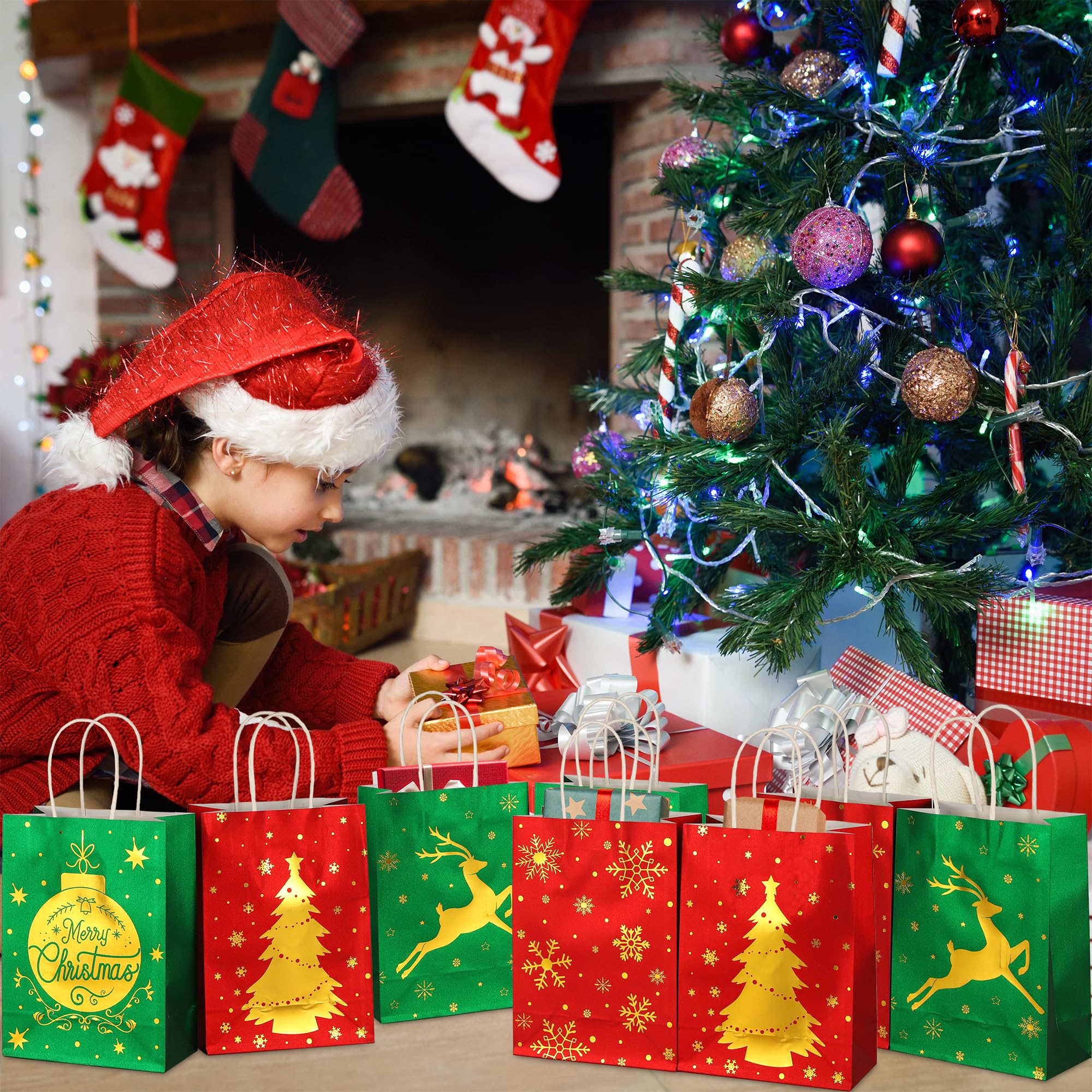 16Pcs Christmas Gift Bags with Tissue Paper - 8.6