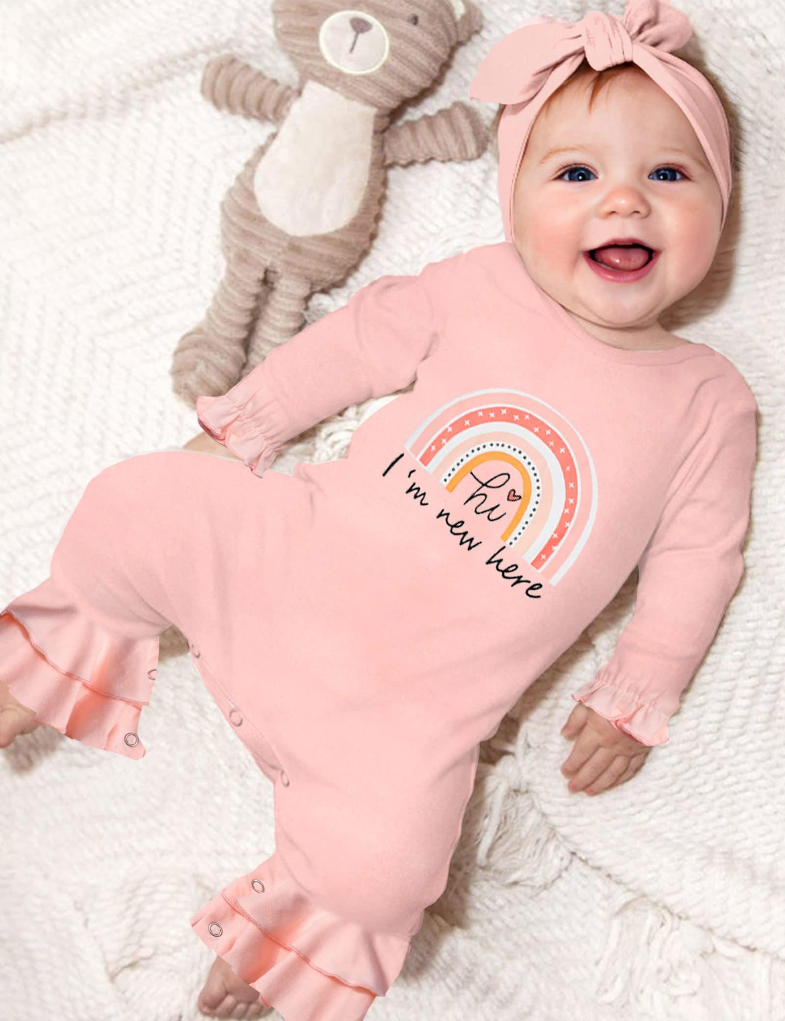 Newborn Girl Clothes - Ruffle Letter Print Romper & Bell Bottom Jumpsuit with Headband Hat | Boho Style Baby Outfit for Photoshoots, Parties & Special Occasions