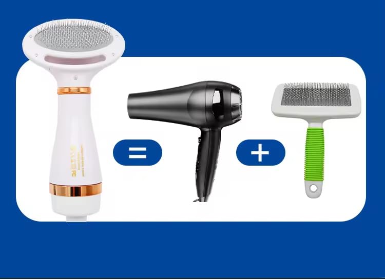 Pet Hair Dryer for Dogs & Cats - 2-in-1 Blow Dryer with Self-Cleaning Slicker Brush | Adjustable Temperature, Portable Grooming Tool | Perfect for Home Pet Grooming, Bath Time & Professional Use (Round)