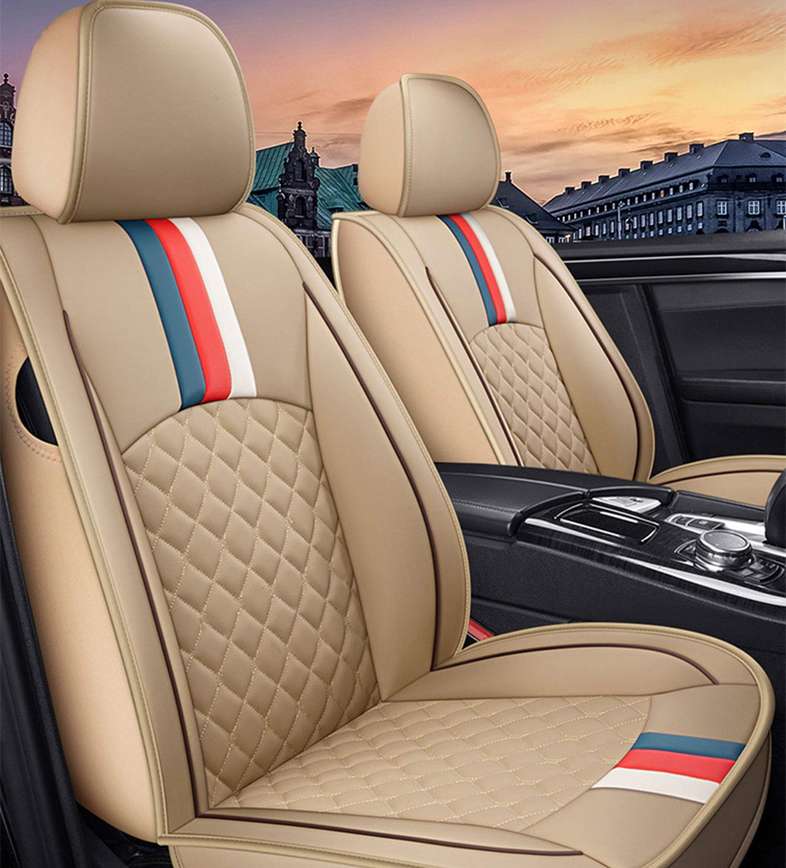 Premium Leather Car Seat Covers - 5-Piece Full Set for Front & Rear Seats | All-Season Comfort & Protection | Beige Color | Perfect for SUVs, Sedans & Family Vehicles
