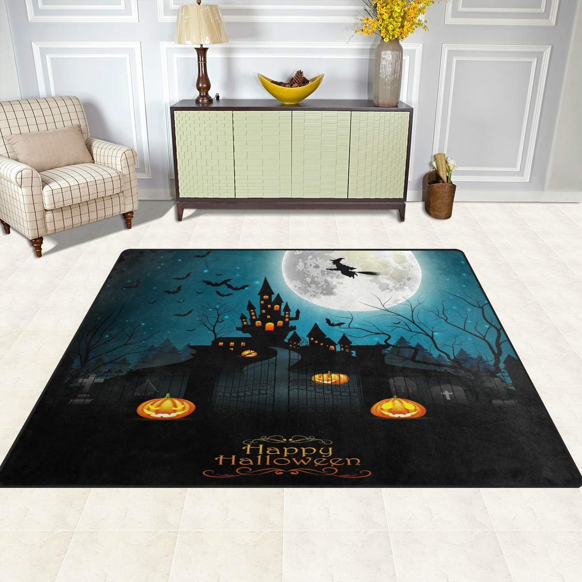 Happy Halloween Pumpkin Castle Moon Witch Tree Area Rug - 7' x 5' Halloween Decor Rug for Living Room, Bedroom, Dorm - Spooky Holiday Home Decor & Party Decoration