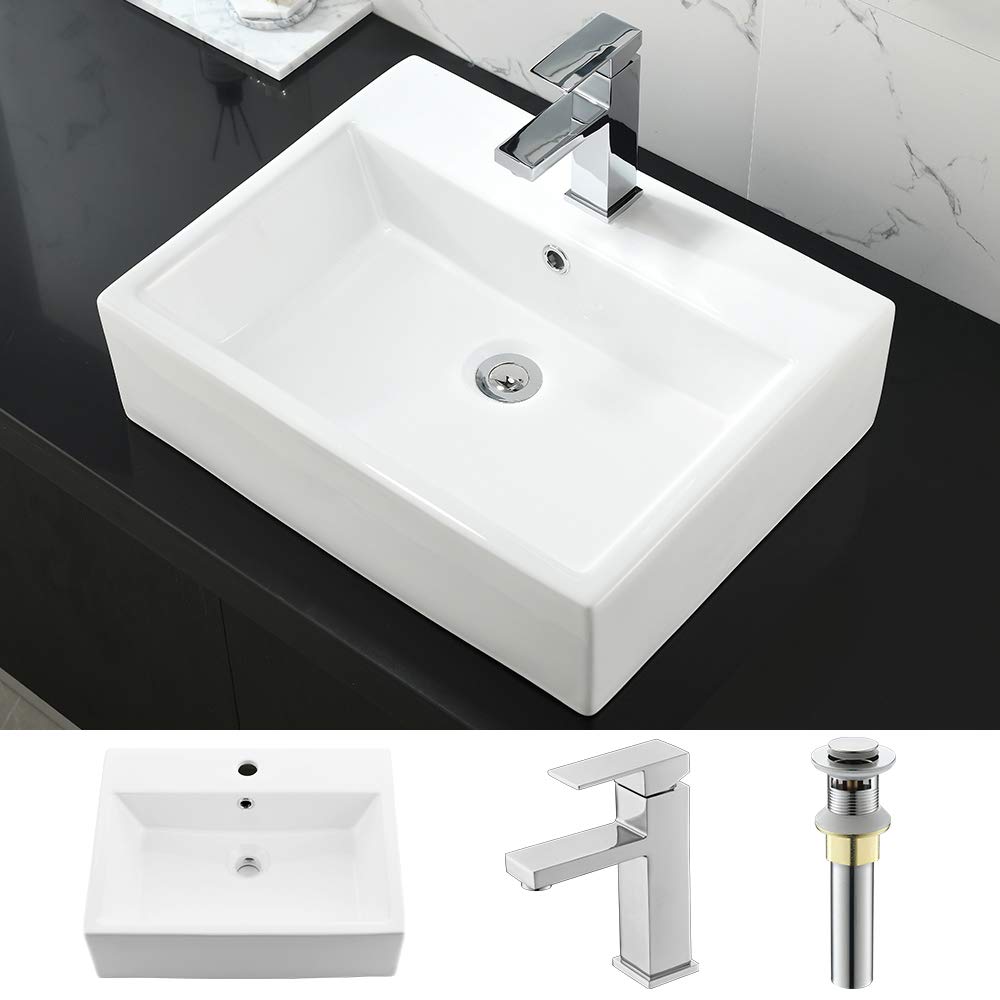 WMXQX 21x16 Inch White Porcelain Ceramic Rectangular Vessel Sink with Overflow - Above Counter Bathroom Vanity Sink & Faucet Combo Set Includes Pop-Up Drain - Perfect for Modern Bathroom Renovations and Powder Room Upgrades