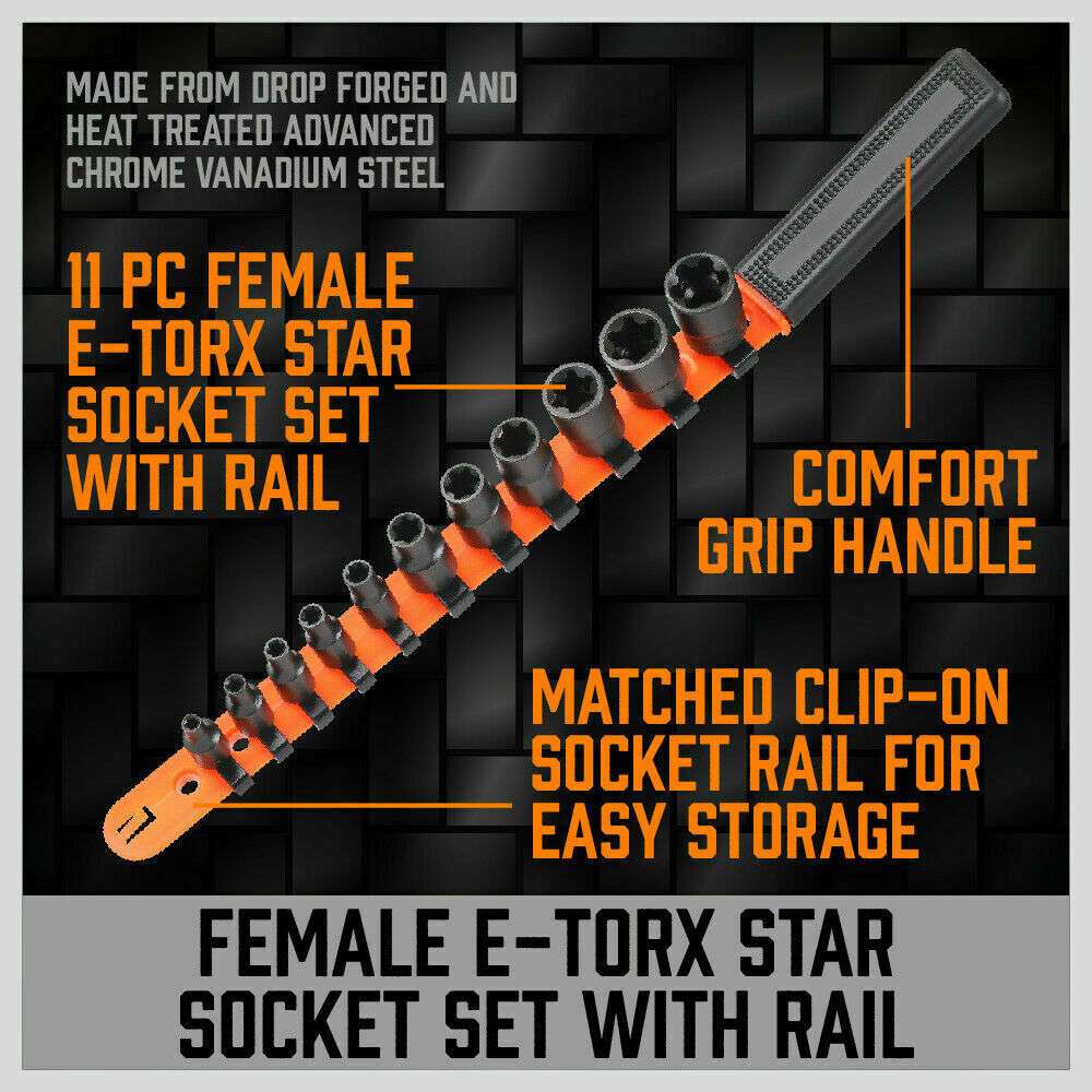11-Piece E Torx Socket Set - Female External Star Bit Sockets E4 to E20 - 3/8