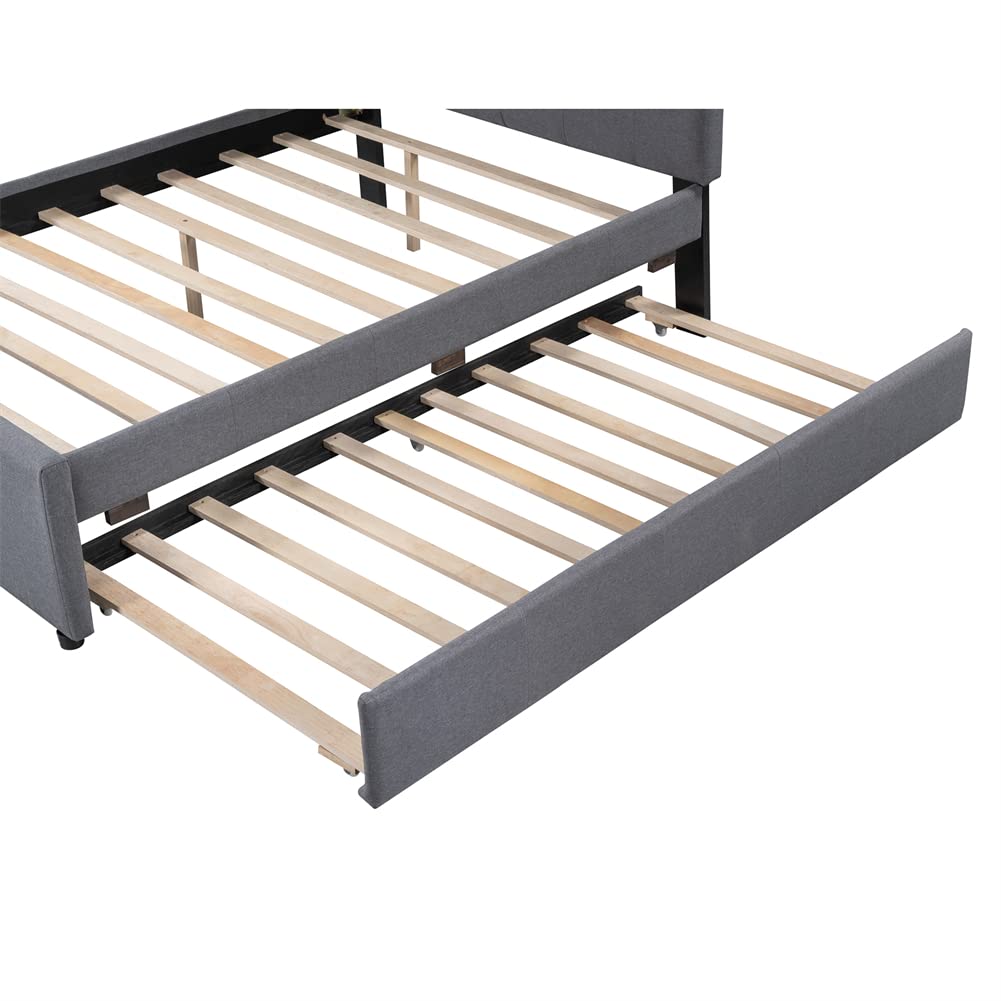 Linen Upholstered Platform Bed Frame with Trundle - Full Size Pine Wood Bed with Button Tufted Headboard, Grey Modern Bedroom Furniture for Small Spaces & Guest Rooms