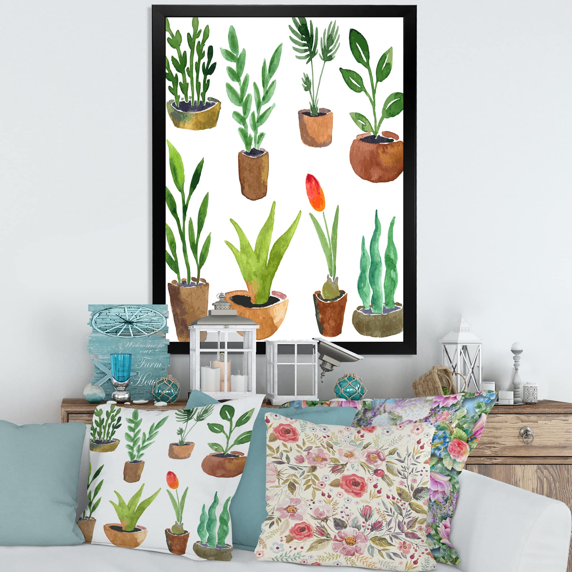 DesignQ Eight Potted House Plants Traditional Framed Wall Art - Botanical Home Decor for Living Room, Bedroom & Office - Perfect Gift for Plant Lovers