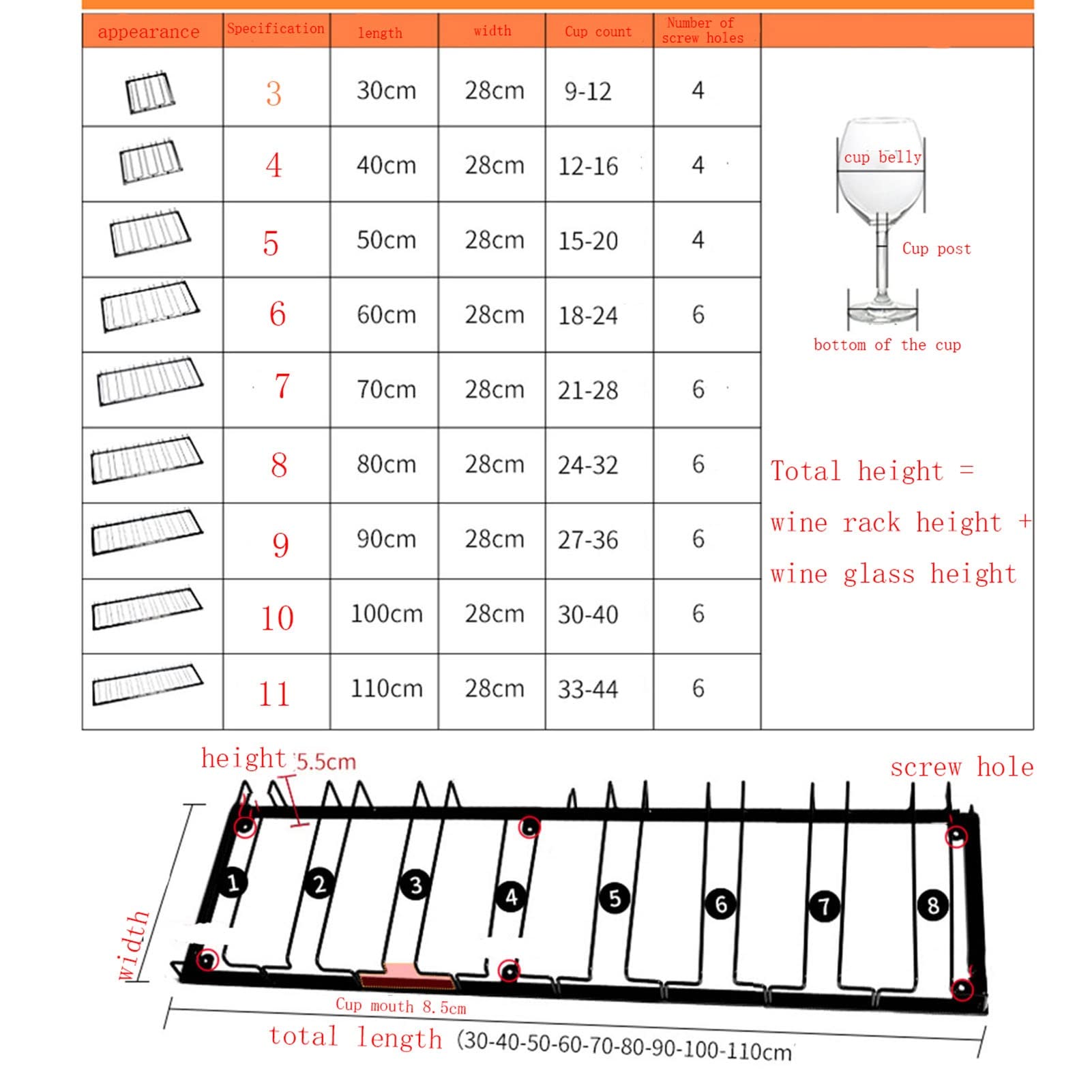 Black Metal Wine Glass Rack - 6 Slot Under Cabinet Stemware Holder for Kitchen, Bar & Restaurant - Perfect for Storing Wine Glasses, Mugs & Cups Under Shelves or Countertops