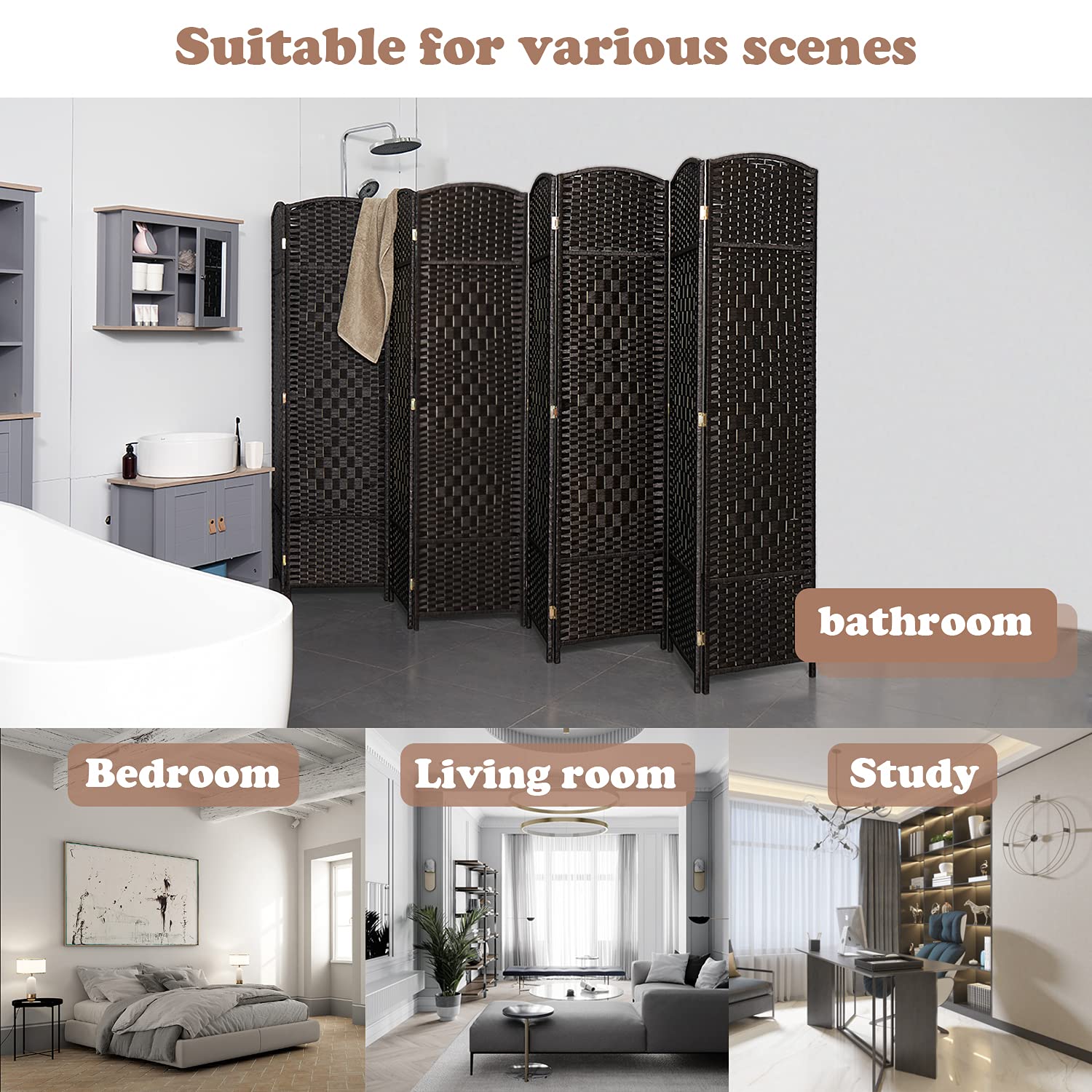 8 Panel Freestanding Room Divider - 6ft Folding Privacy Screen for Home & Office - Indoor/Outdoor Use (Coffee Brown) - Perfect for Living Rooms, Bedrooms, Patios & Workspaces