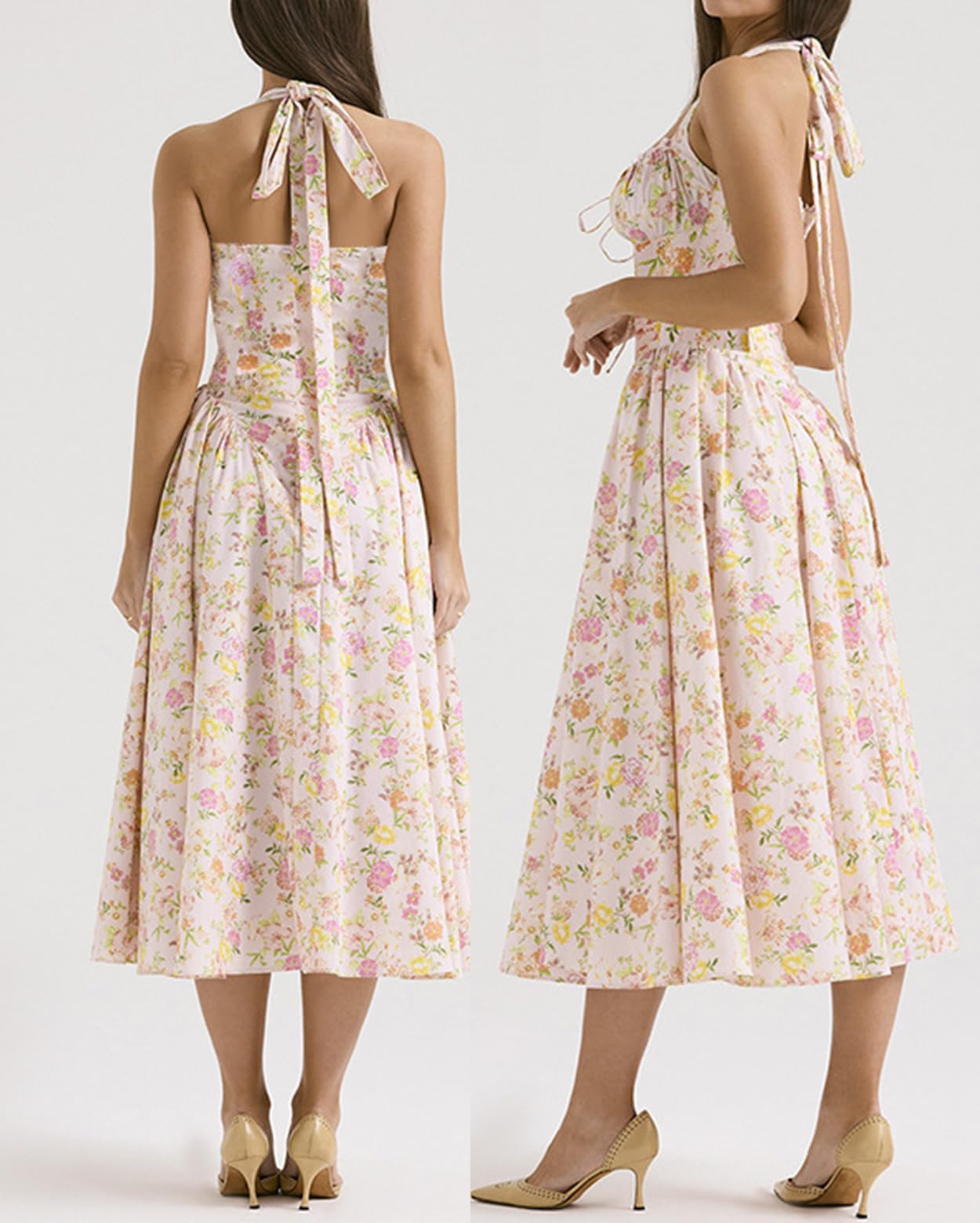 Houstil Women's Floral Print Halter Midi Dress - Sleeveless Strappy Bodycon for Summer, Beach, Wedding Guest & Casual Wear | Perfect for Vacations, Parties & Date Nights