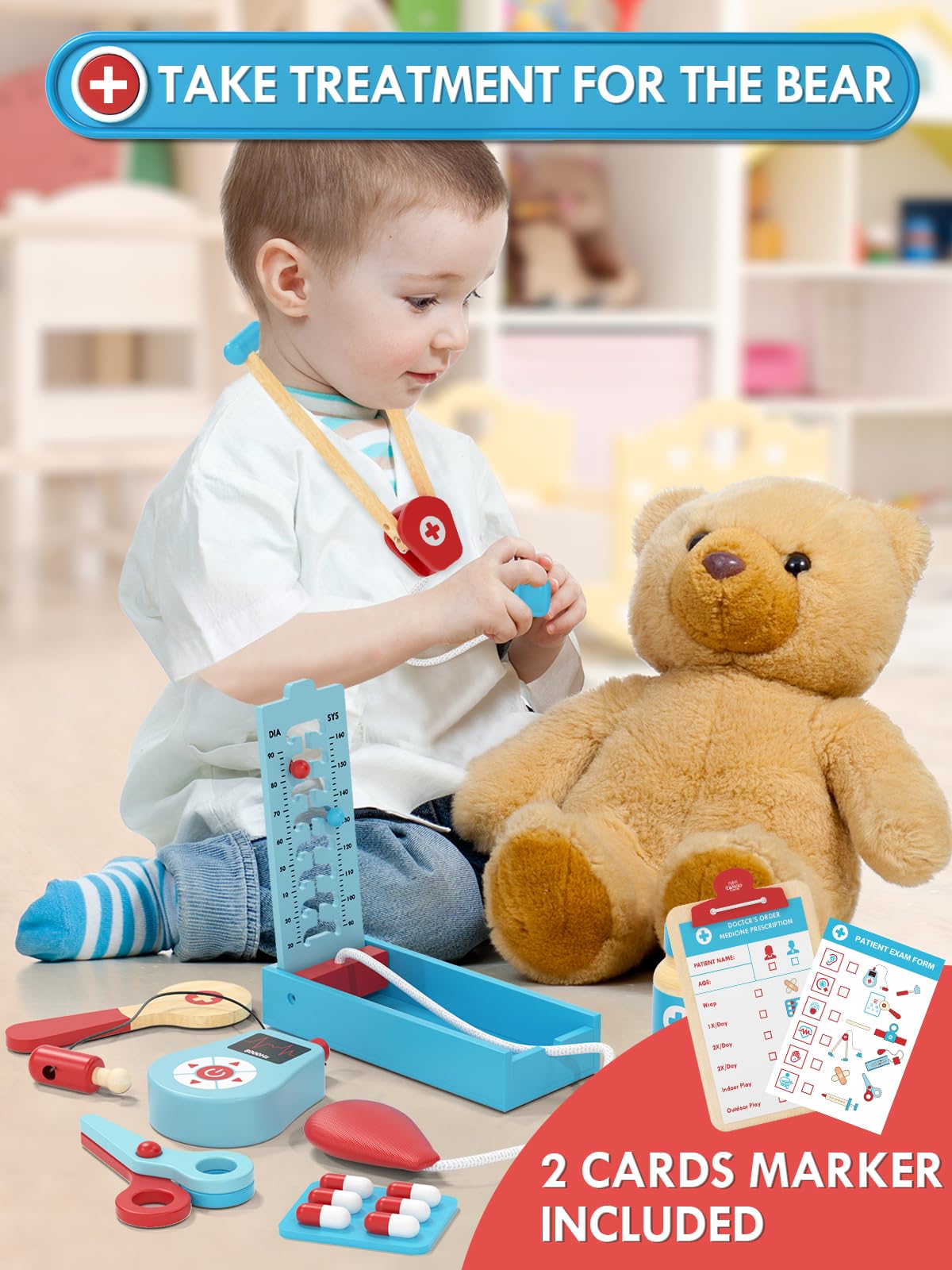 Lehoo Wooden Doctor Play Set for Kids Ages 3-6 - Pretend Play Medical Kit with Stethoscope, Toy Doctor Tools for Boys & Girls - Perfect Gift for Toddlers & Preschoolers | Role Play, Learning & Imagination Development