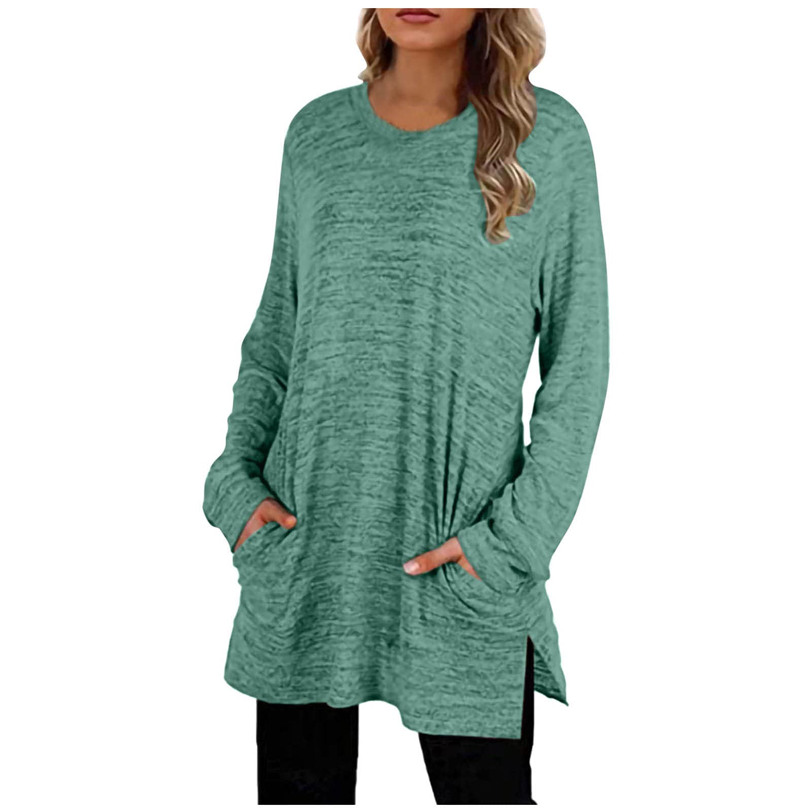 Women's Casual Long Sleeve Round Neck T-Shirt Blouse - Solid Color Pullover Tunic Top with Pockets | Perfect for Work, Weekend & Layering