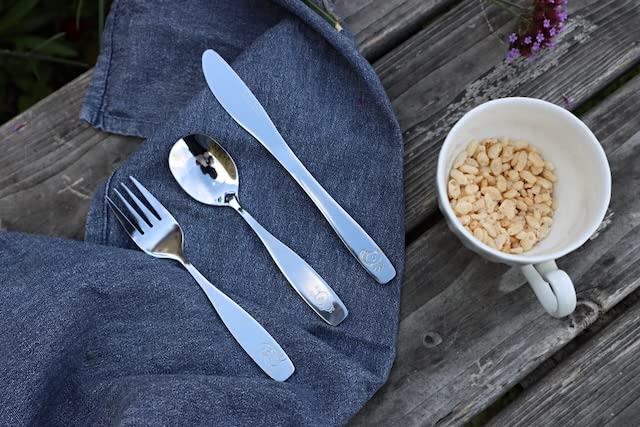Exzact 12-Piece Kids Cutlery Set - Stainless Steel Forks, Safe Dinner Knives & Spoons for Children with Engraved Animal Designs (Dog, Cat, Bunny) - Perfect for School Lunches, Picnics & Family Dinners