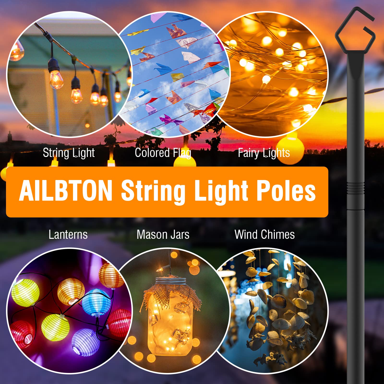 AILBTON 2 Pack 10Ft Outdoor String Light Poles with Fence Brackets - Heavy Duty Metal Stand for Hanging Patio Lights, Deck & Backyard Decor - Perfect for Garden Parties, Wedding Decorations & Outdoor Lighting
