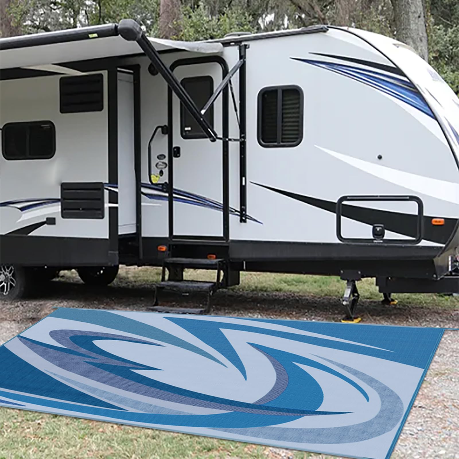 EEZ RV Heavy Duty Reversible Outdoor Camping Mat - Waterproof Durable Patio Rug for RV, Picnic, Beach & Backyard - Includes Storage Bag & 6 Stake Sets (Perfect for Camping, Tailgating & Outdoor Events)