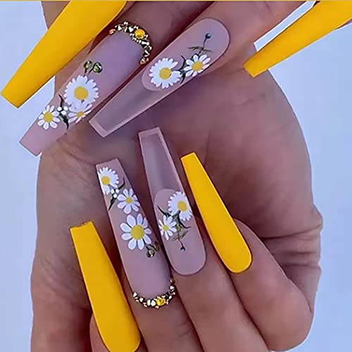 Obmyec Extra Long Press-On Nails - Matte Yellow Coffin Shape with Daisy Design, 24Pcs Ballerina Artificial Nail Extensions for Women & Girls | Perfect for Parties, Weddings & Special Occasions