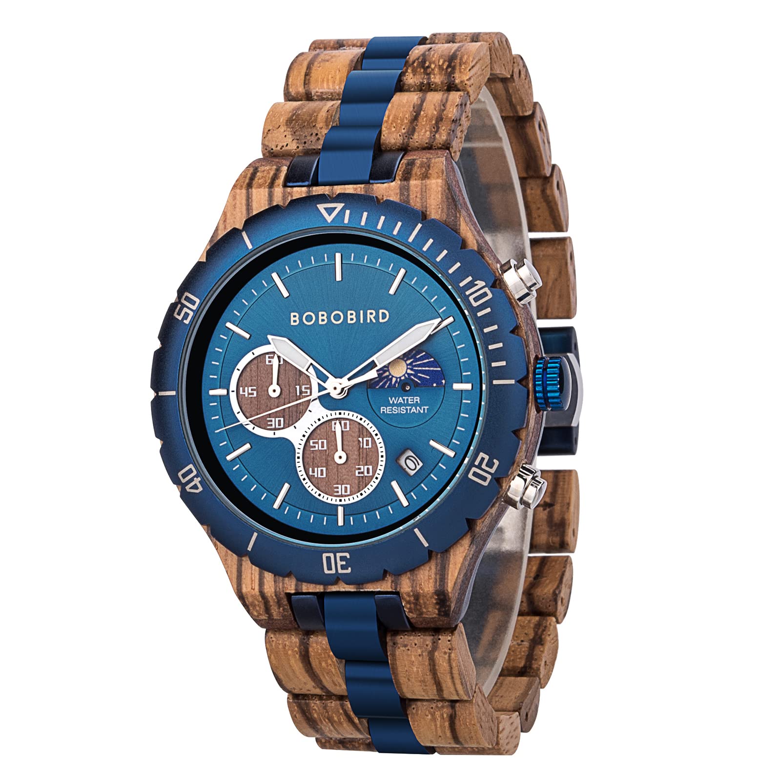 BOBO BIRD Men's Wooden Quartz Watch - Stainless Steel & Red Sandalwood Alloy Wooden Wristwatch with Chronograph, Luminous Hands, Day/Night Date Display | Classic Style Watch for Men | Perfect for Business, Casual Wear & Outdoor Activities