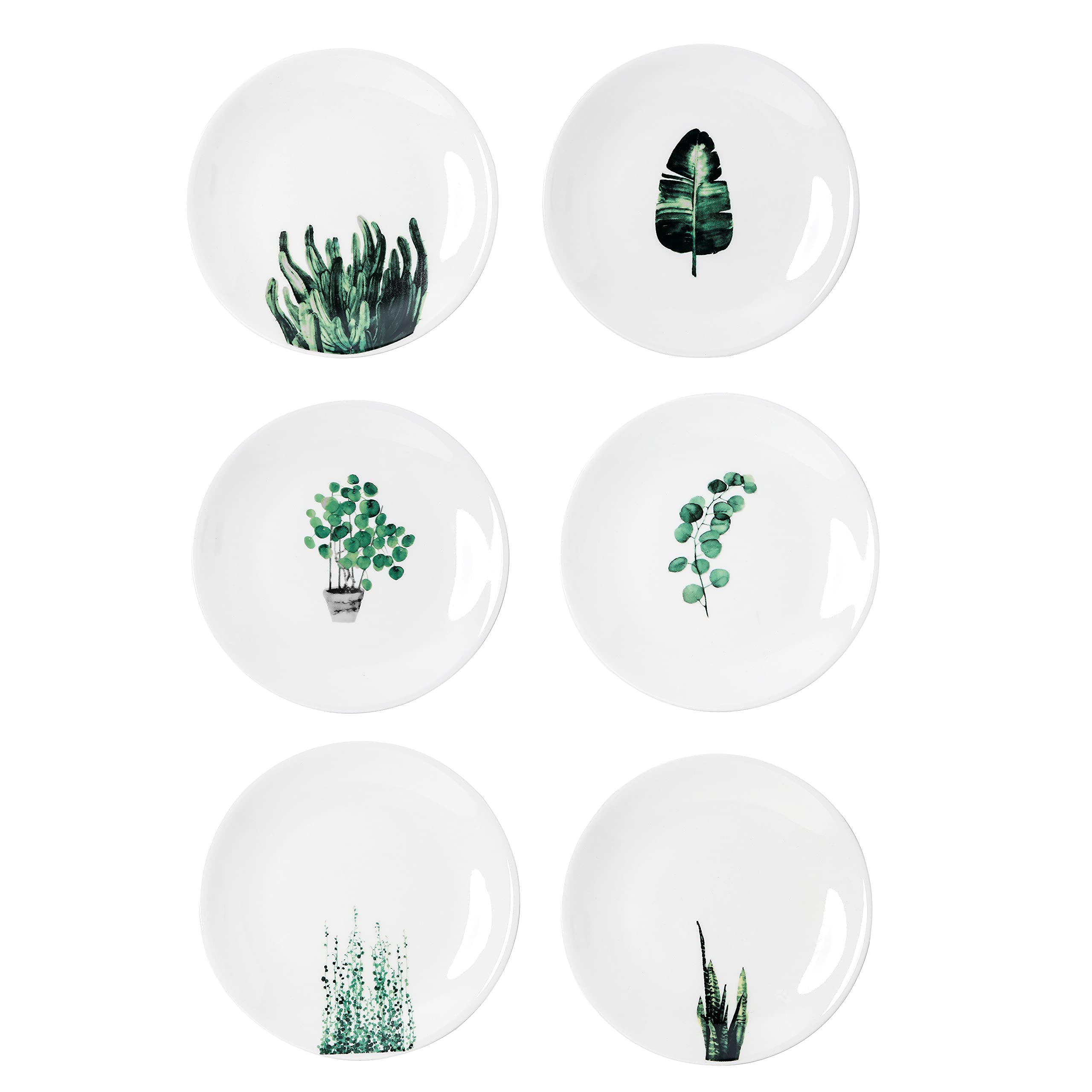 6-Piece Small Porcelain Appetizer Plates Set - 6 Inch White Ceramic Dessert Plates with Botanical Patterns, Microwave & Dishwasher Safe - Perfect for Luncheons, Snacks, Bread Serving & Party Dining