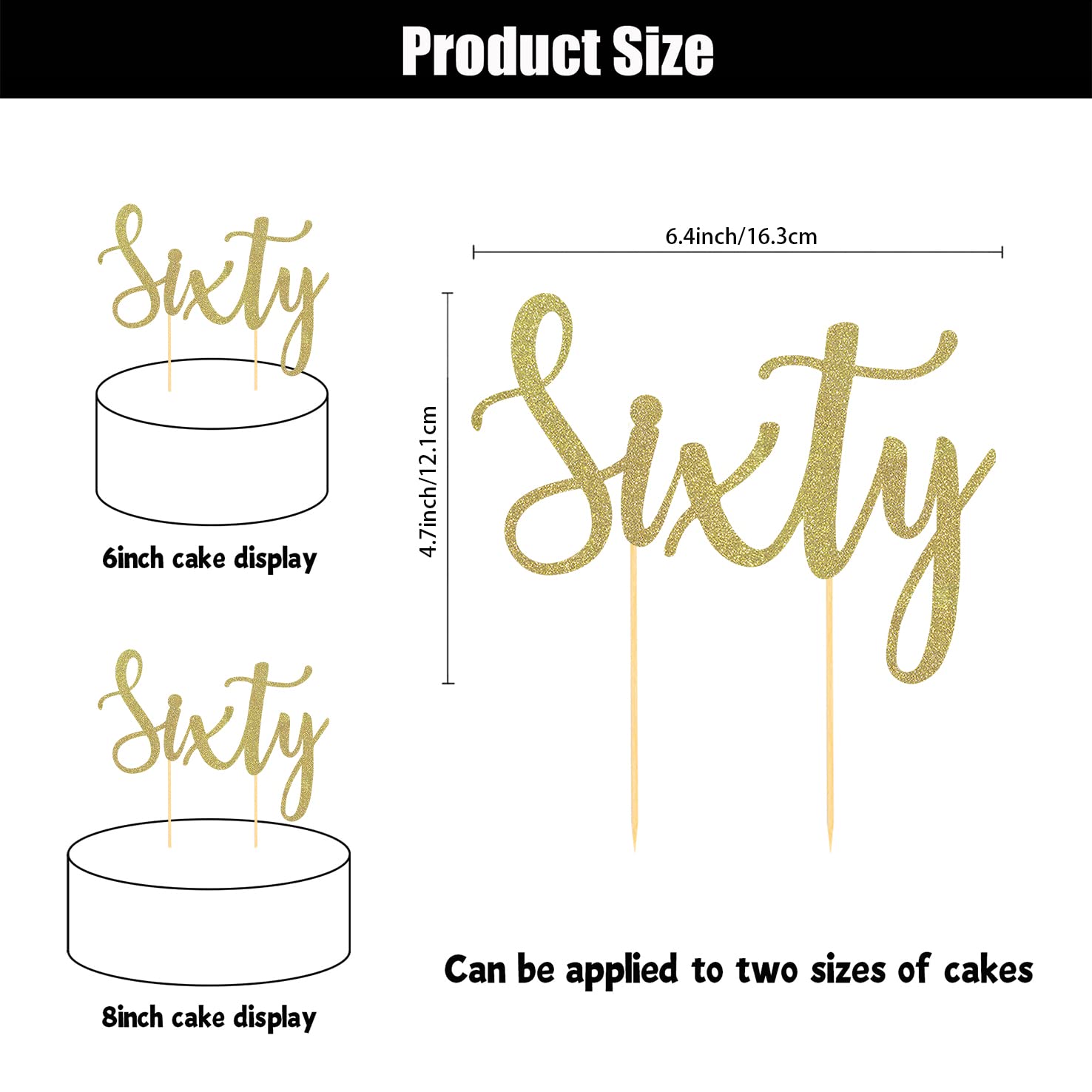 60th Birthday Cake Topper - Gold Glitter 