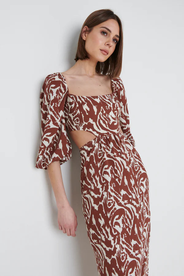 FION Women's Cut Out Midi Dress - Zebra Abstract Print, Elegant Bodycon Style for Party, Date Night & Special Occasions
